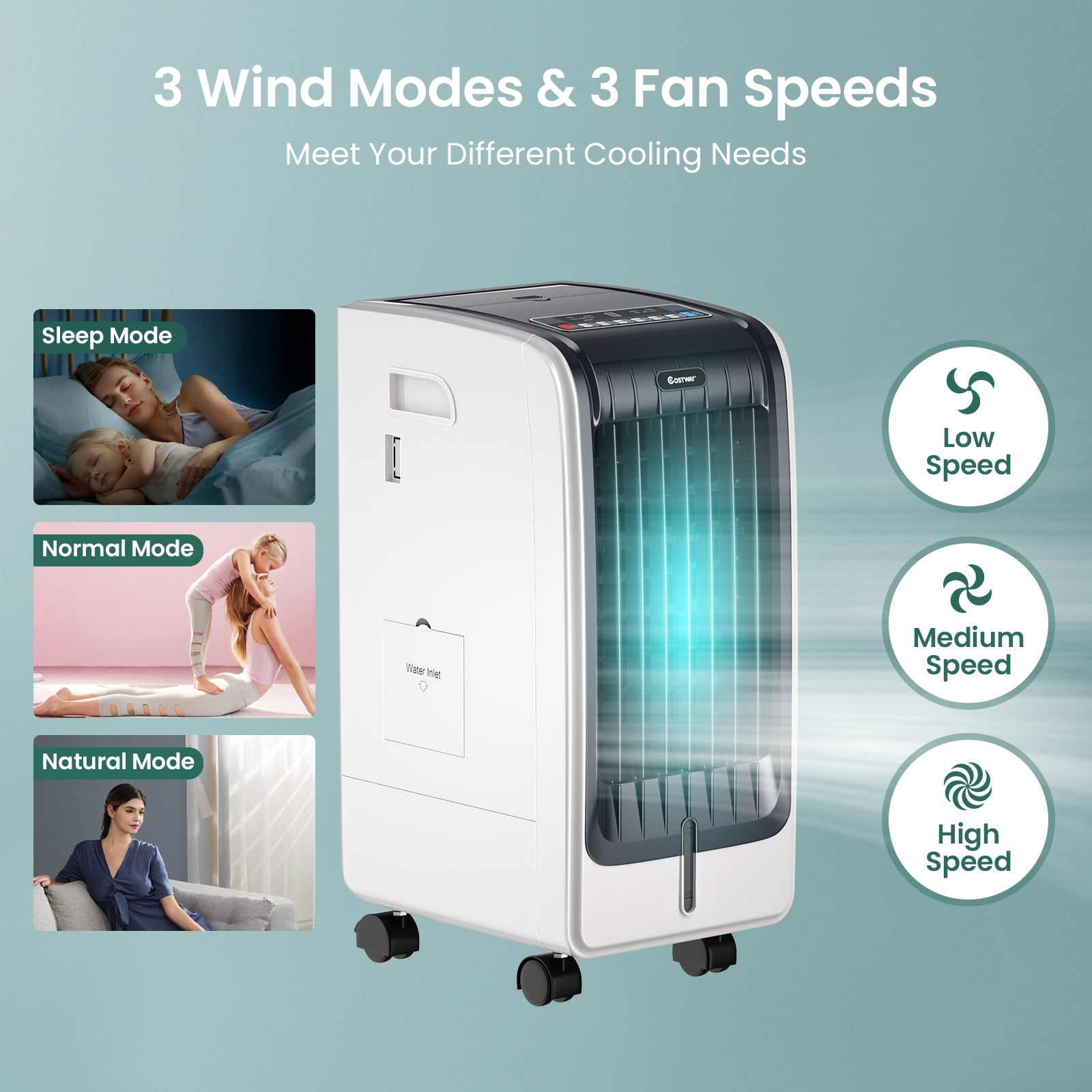 110V Portable Cooling Evaporative Fan with 3-Speed and 8H Timer FunctionÂ