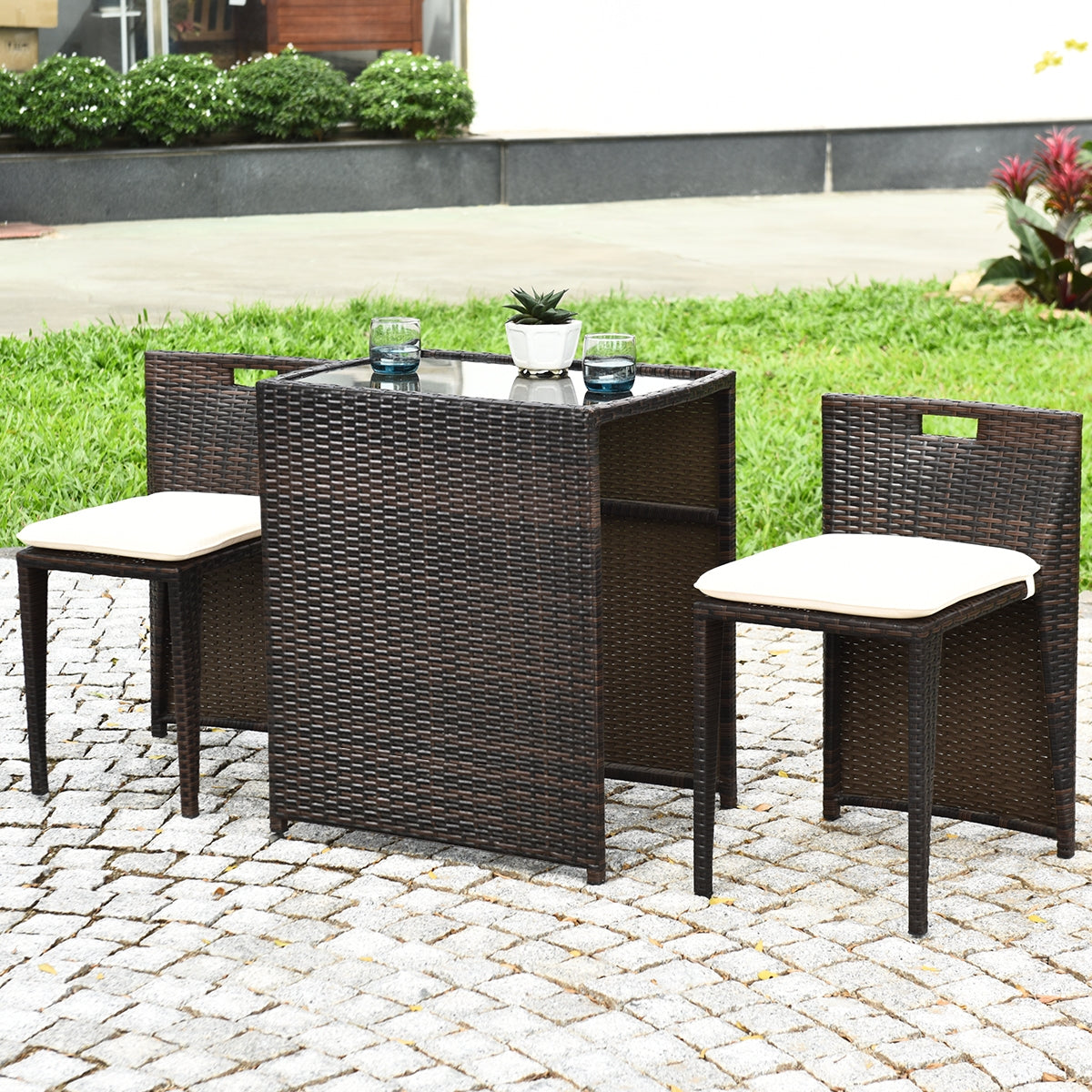 3 Pieces Cushioned Outdoor Wicker Patio Set with No Assembly NeededÂ