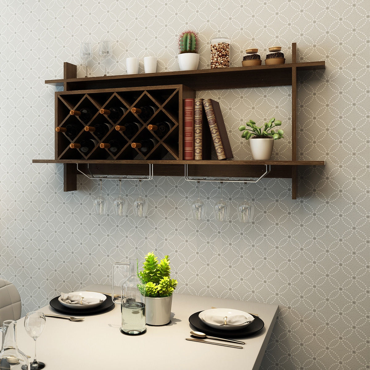 Wall Mount Wine Rack with Glass Holder & Storage Shelf-WalnutÂ