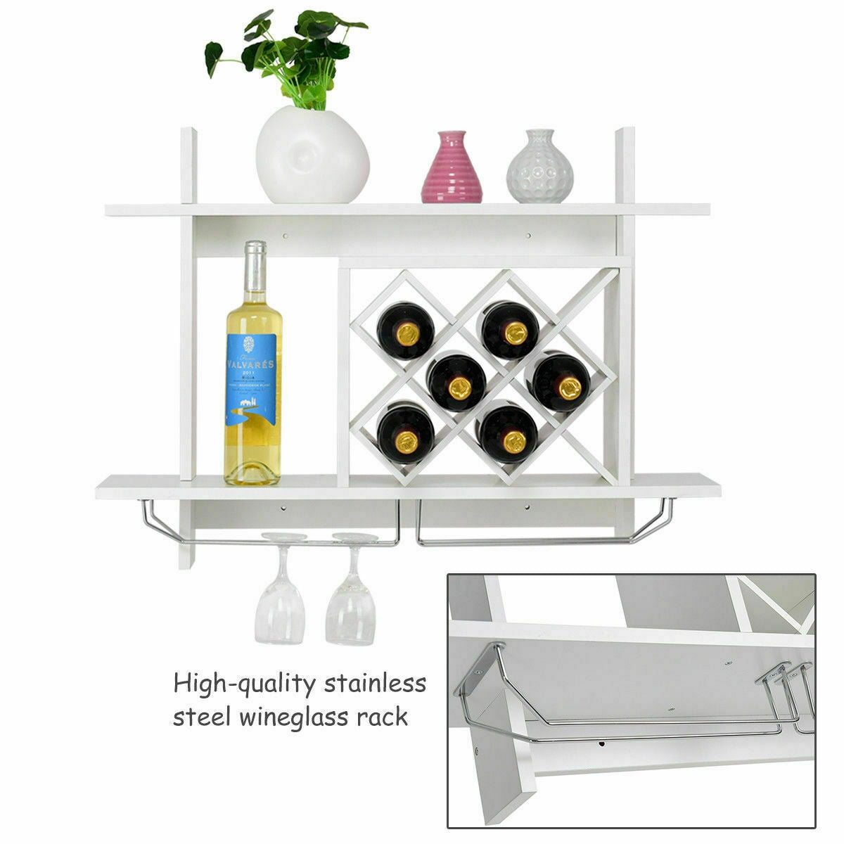 Household Wall Mount Wine Rack Organizer with Glass Holder Storage ShelfÂ