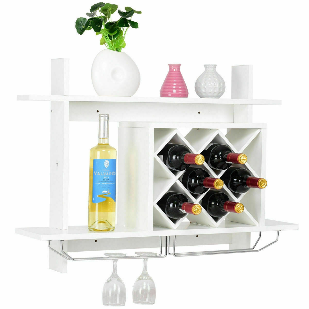 Household Wall Mount Wine Rack Organizer with Glass Holder Storage ShelfÂ