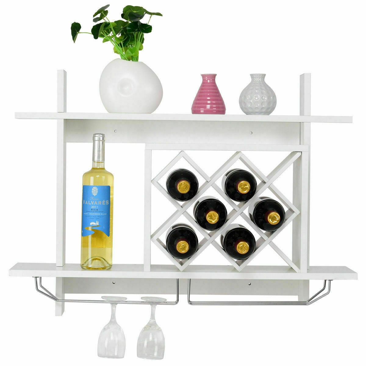 Household Wall Mount Wine Rack Organizer with Glass Holder Storage ShelfÂ