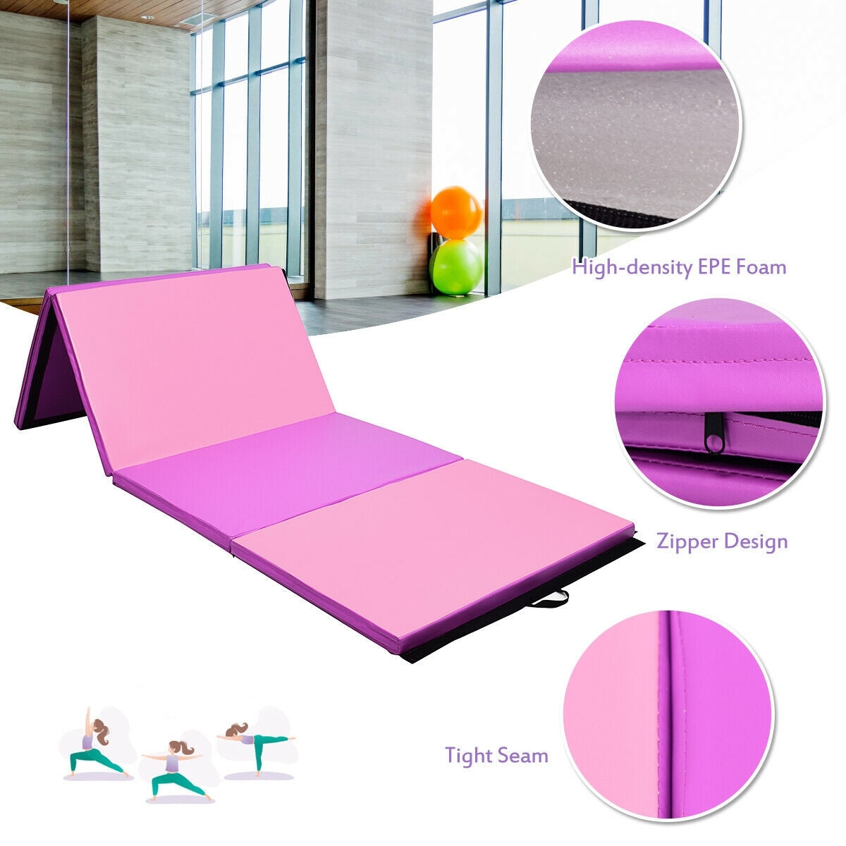 4 Feet x 10 Feet Thick Folding Panel Gymnastics Mat-Pink & PurpleÂ