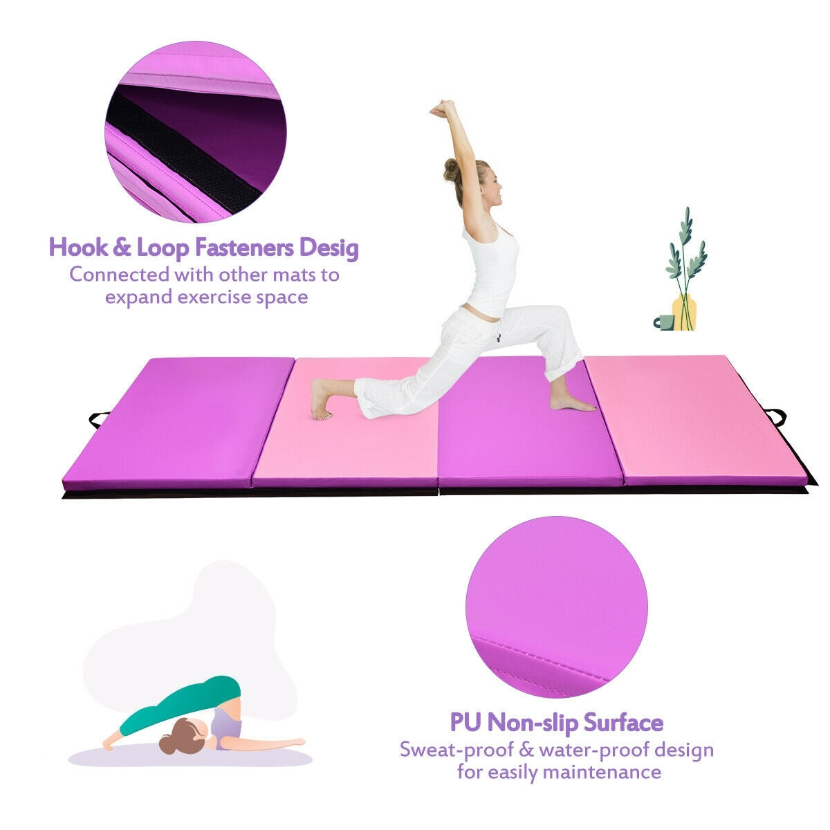 4 Feet x 10 Feet Thick Folding Panel Gymnastics Mat-Pink & PurpleÂ