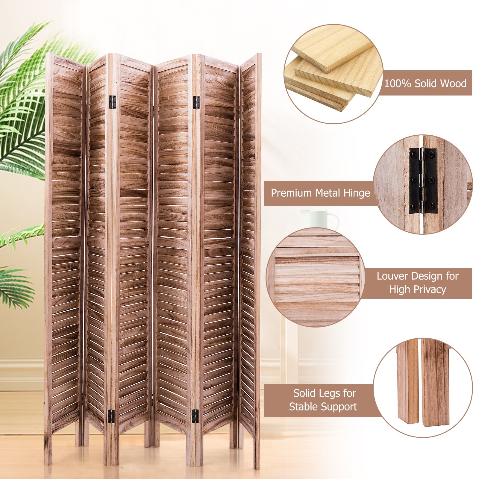 6 Panels Classic Venetian Wooden Slat Room Screen-BrownÂ