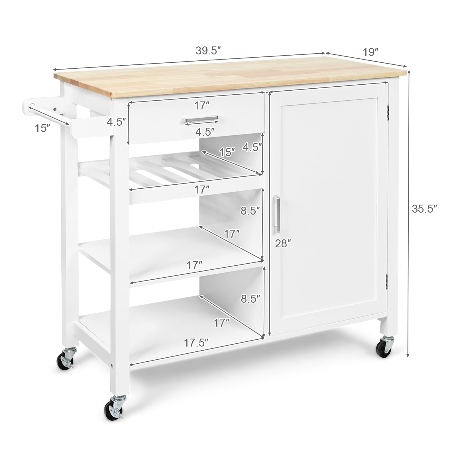 Kitchen Island Cart Rolling Serving Cart Wood Trolley-WhiteÂ