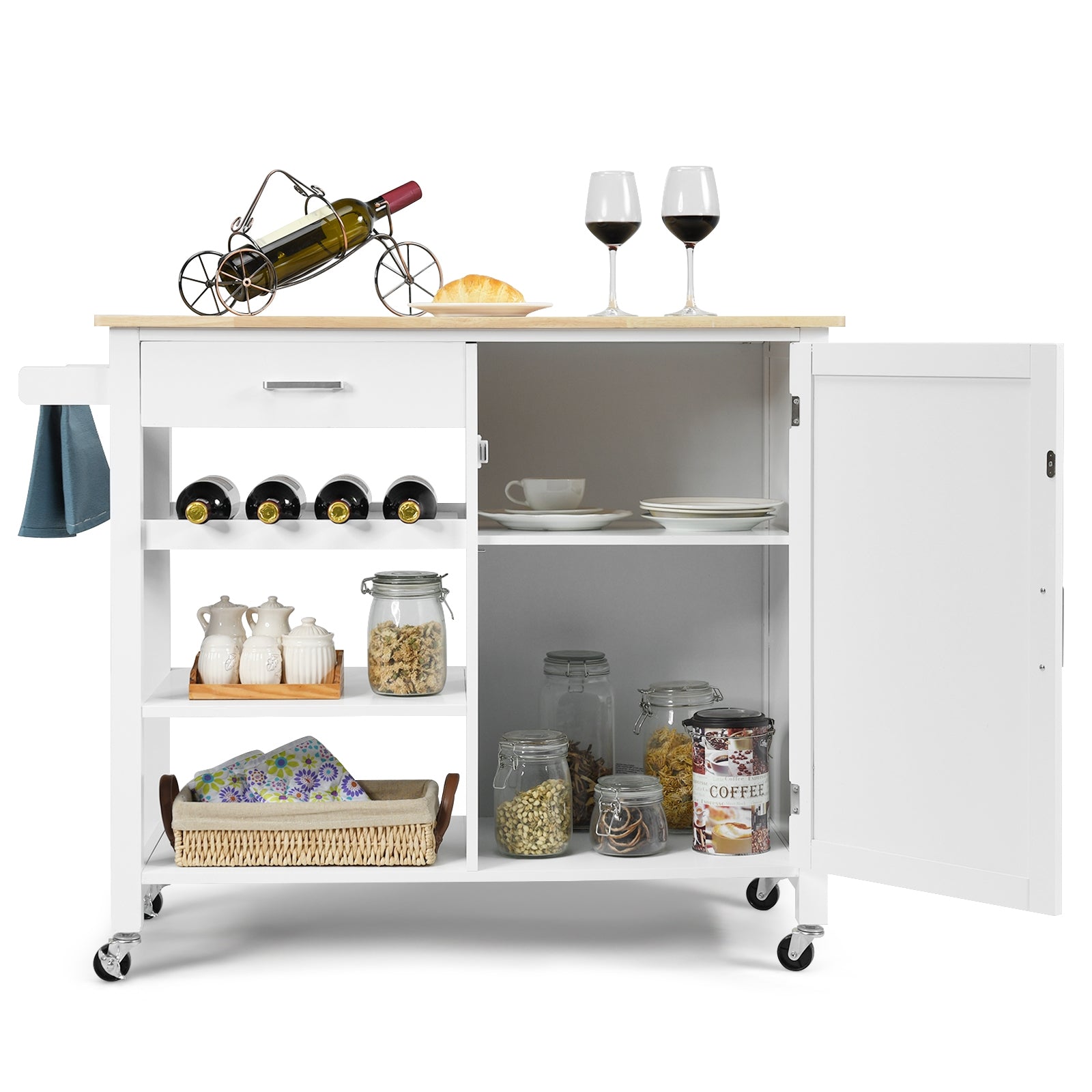 Kitchen Island Cart Rolling Serving Cart Wood Trolley-WhiteÂ