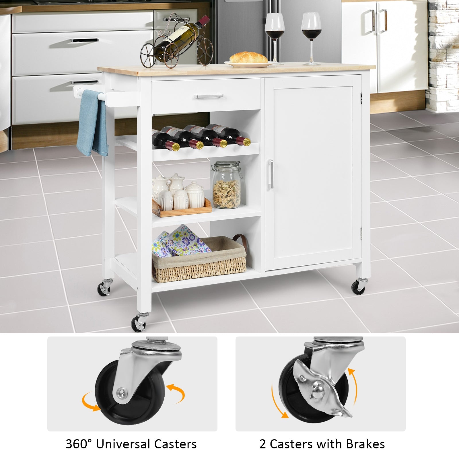 Kitchen Island Cart Rolling Serving Cart Wood Trolley-WhiteÂ