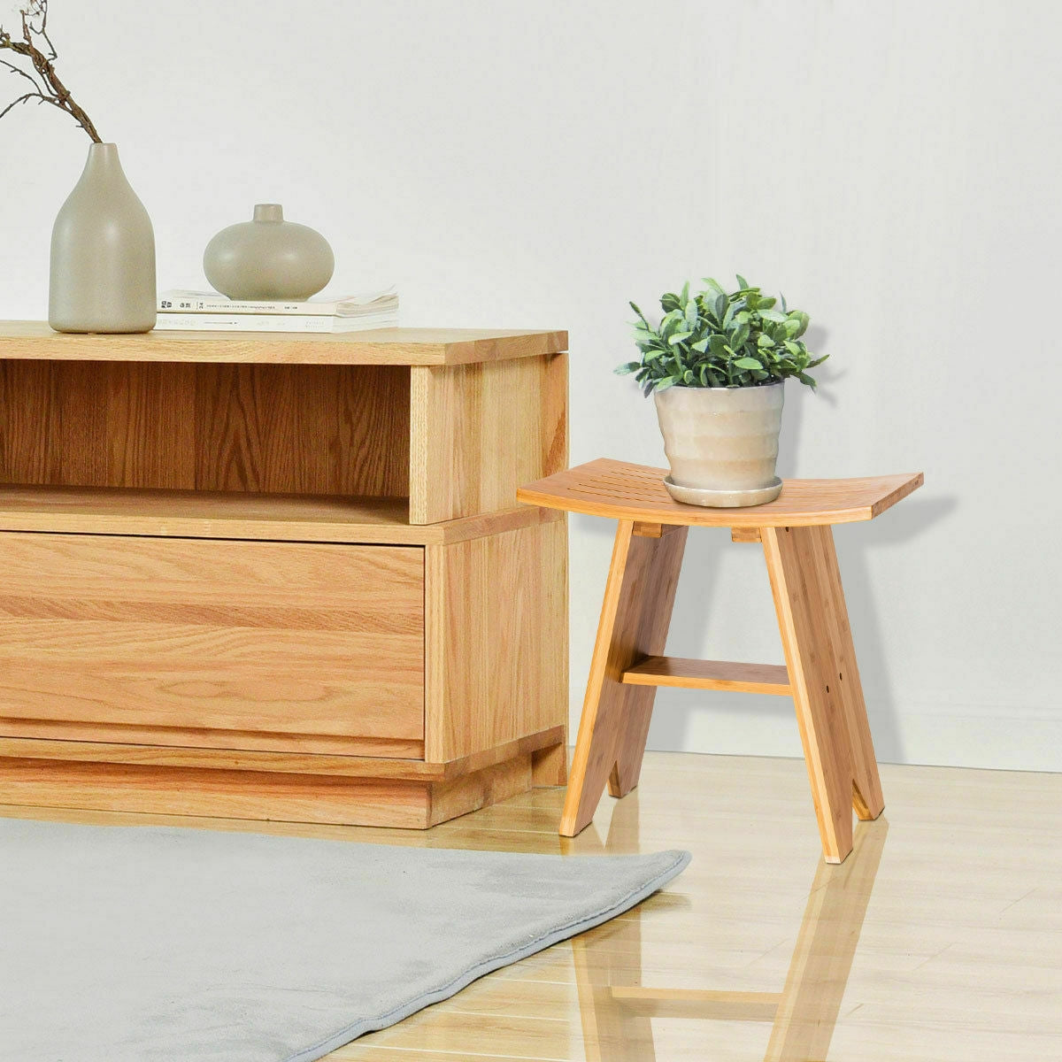 18 Inch Bamboo Shower Stool Bench with ShelfÂ