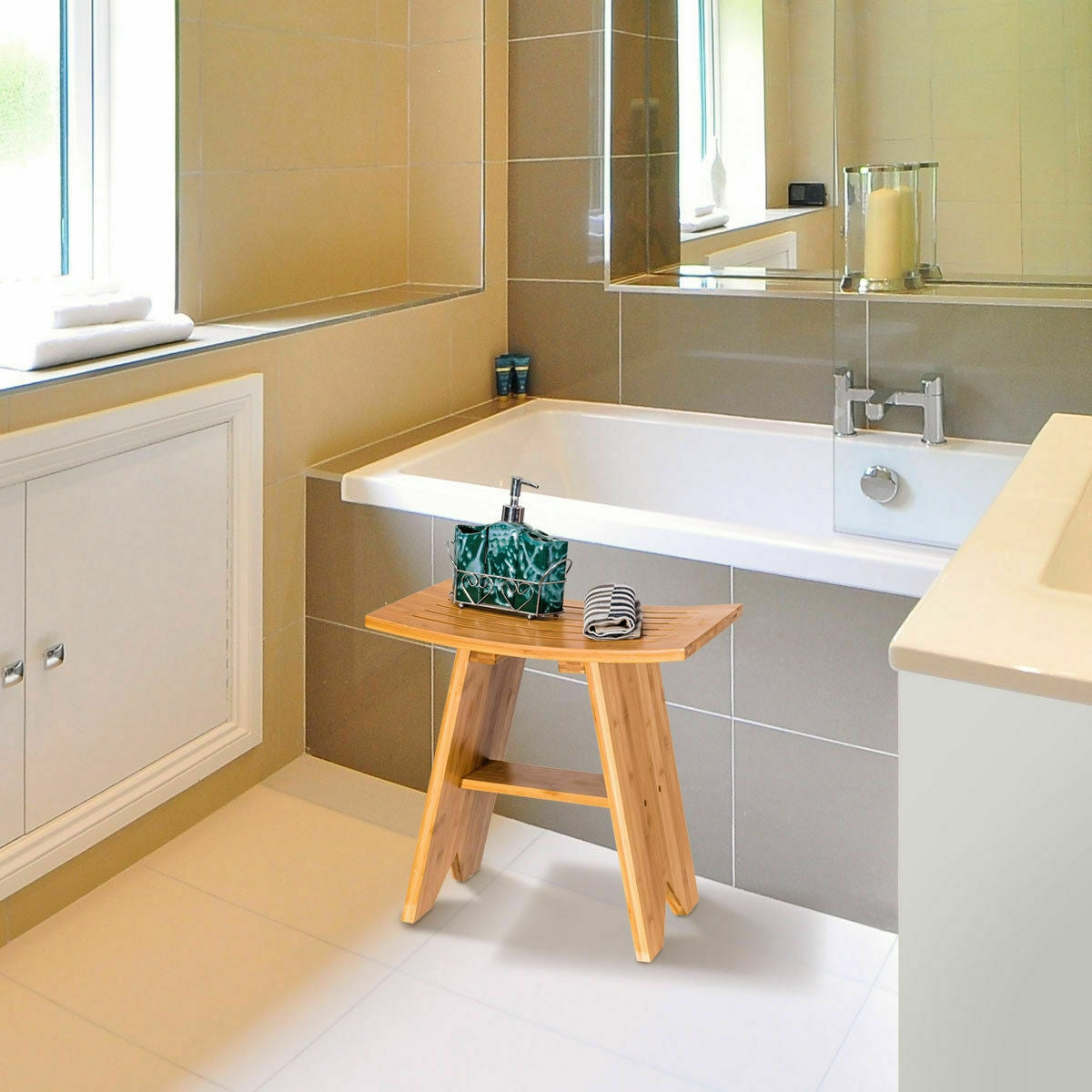 18 Inch Bamboo Shower Stool Bench with ShelfÂ