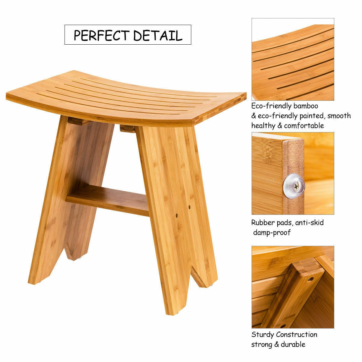 18 Inch Bamboo Shower Stool Bench with ShelfÂ