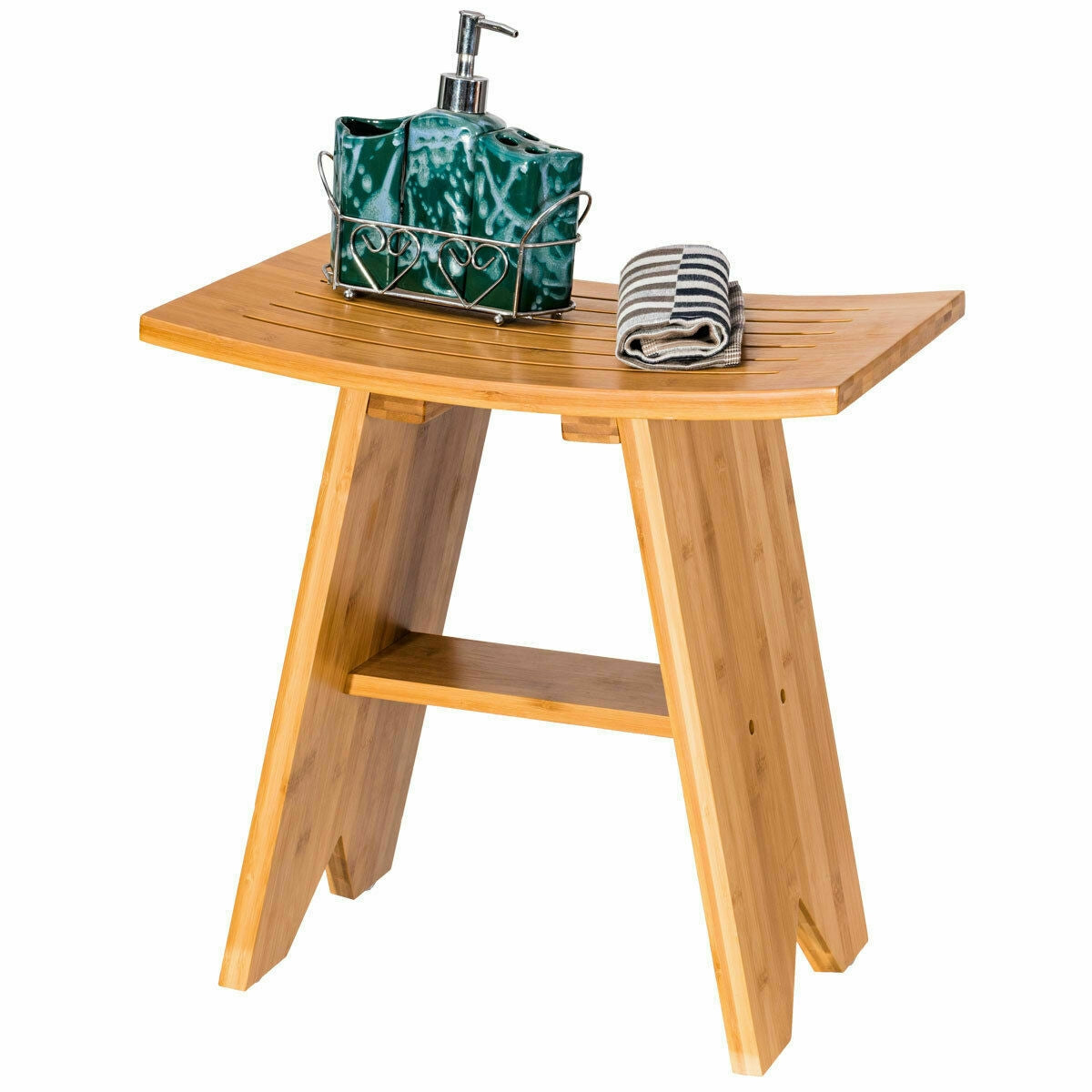 18 Inch Bamboo Shower Stool Bench with ShelfÂ