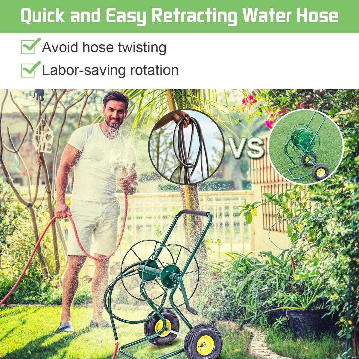 Garden Steel Frame Wheeled Hose Reel CartÂ