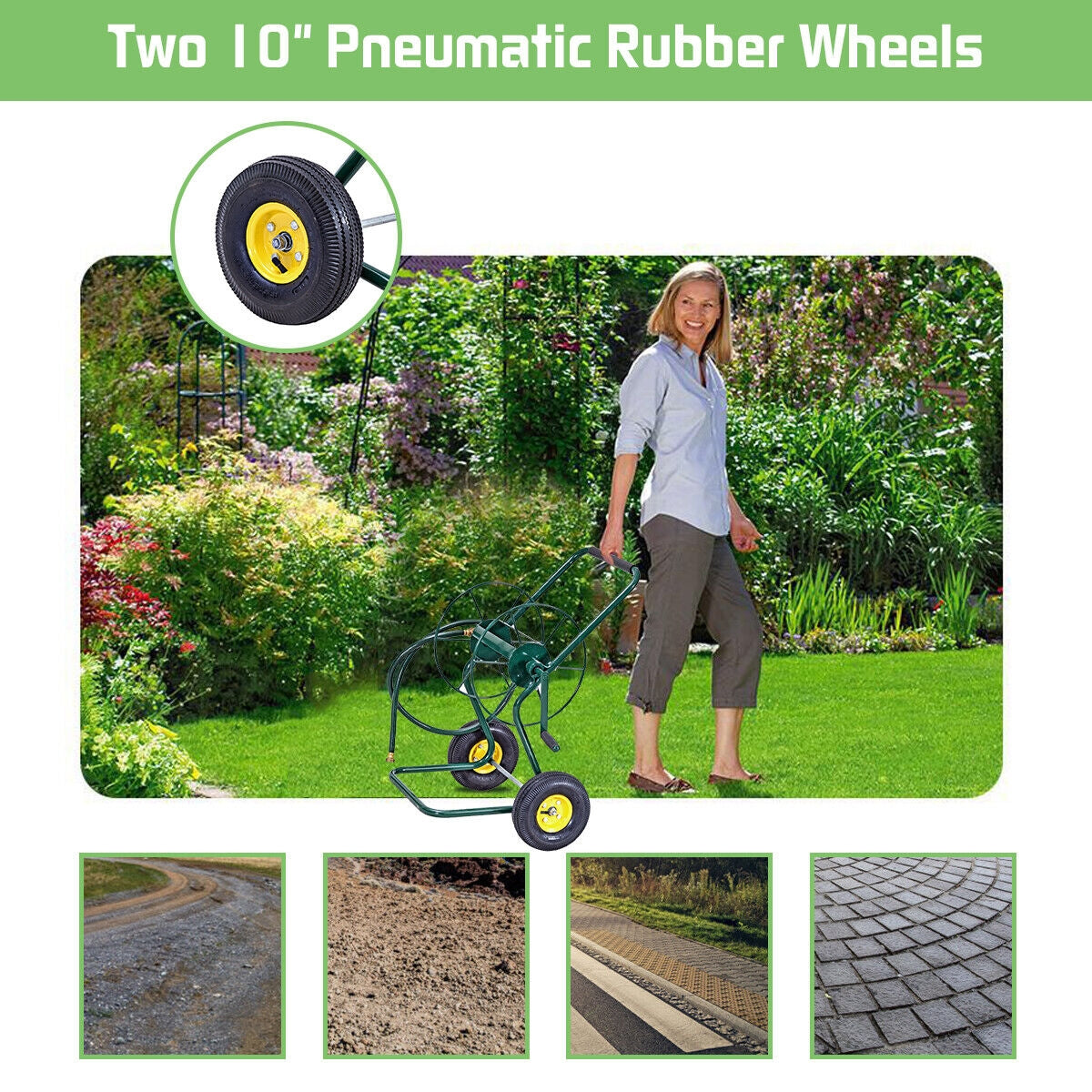 Garden Steel Frame Wheeled Hose Reel CartÂ