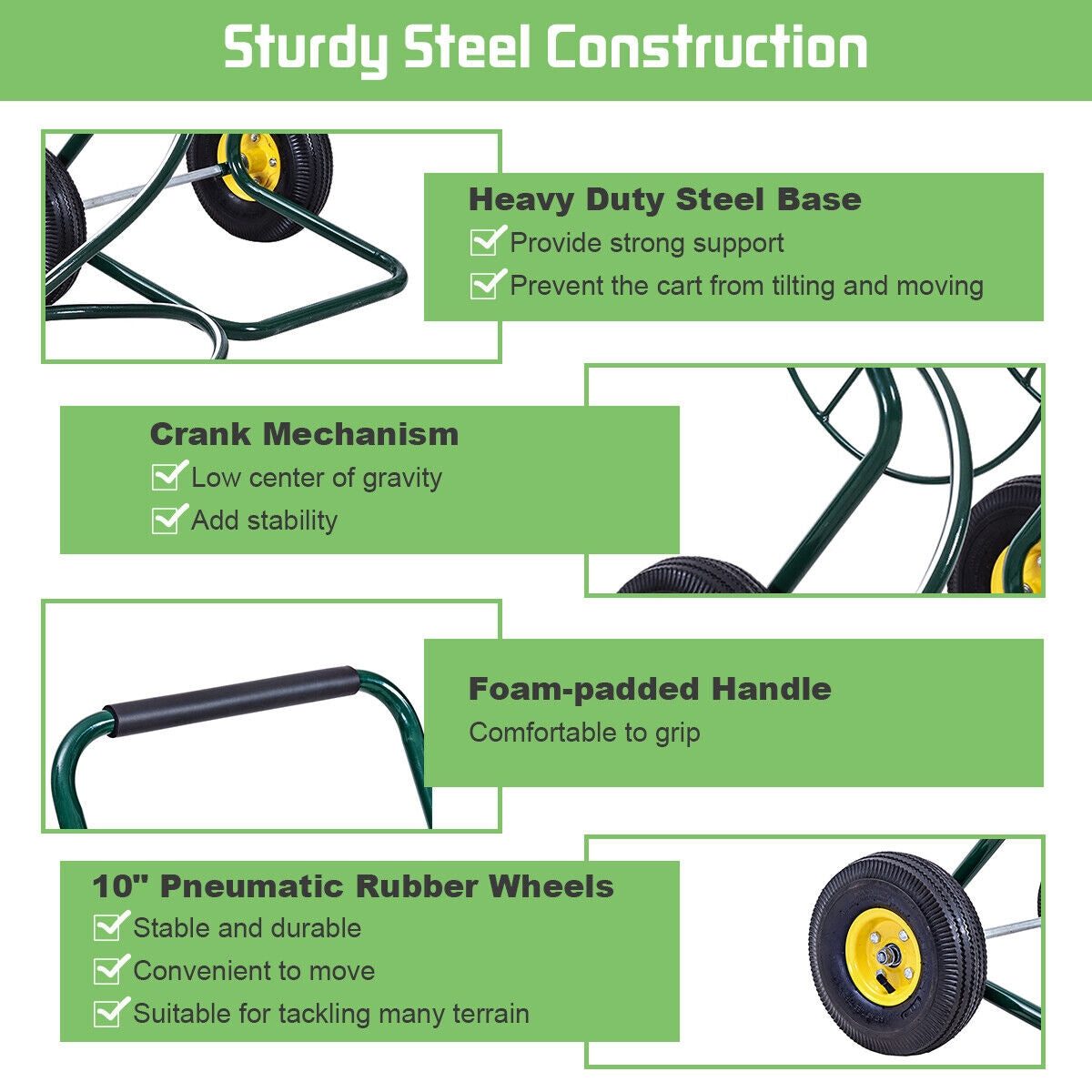 Garden Steel Frame Wheeled Hose Reel CartÂ