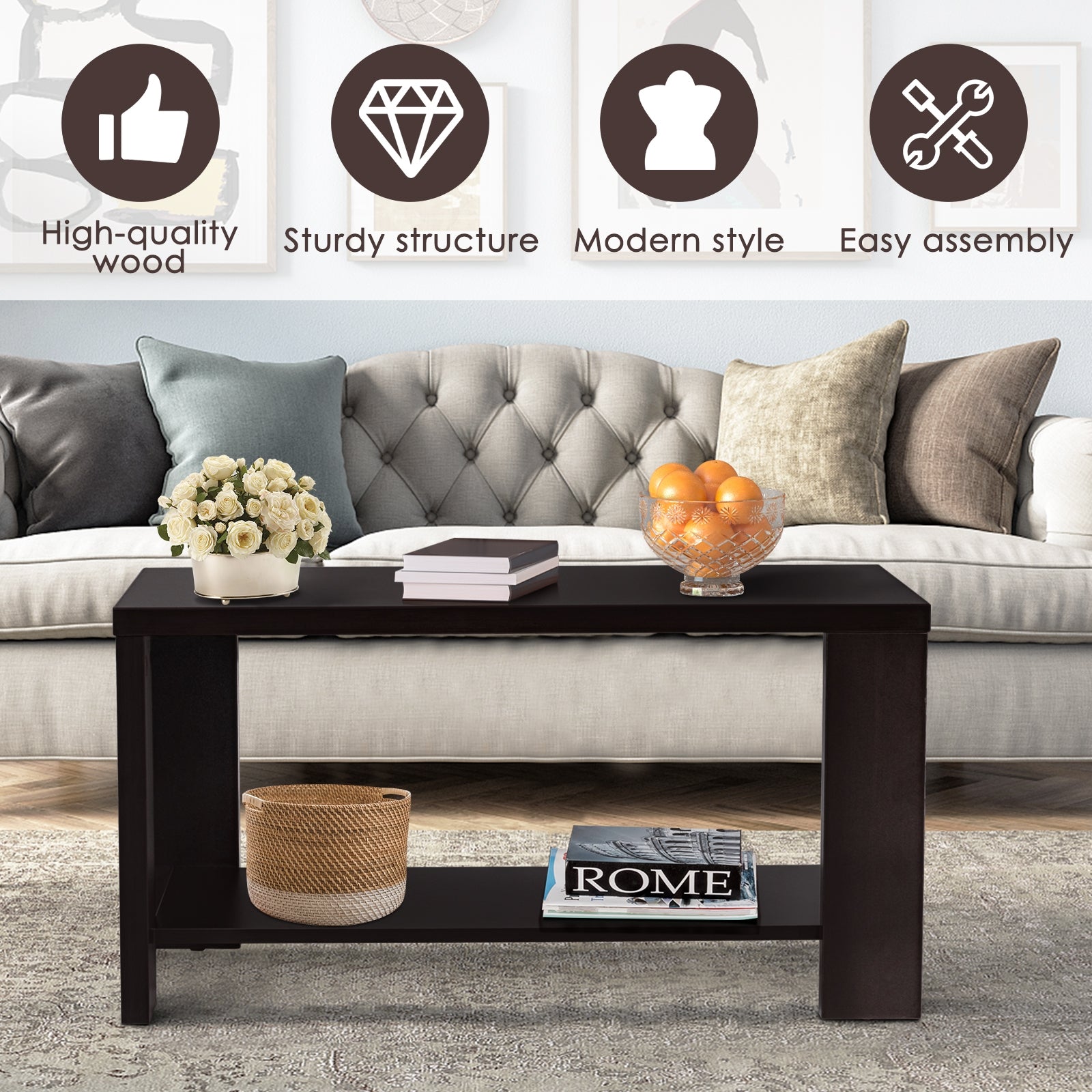 Rectangular Cocktail Coffee Table with Storage ShelfÂ