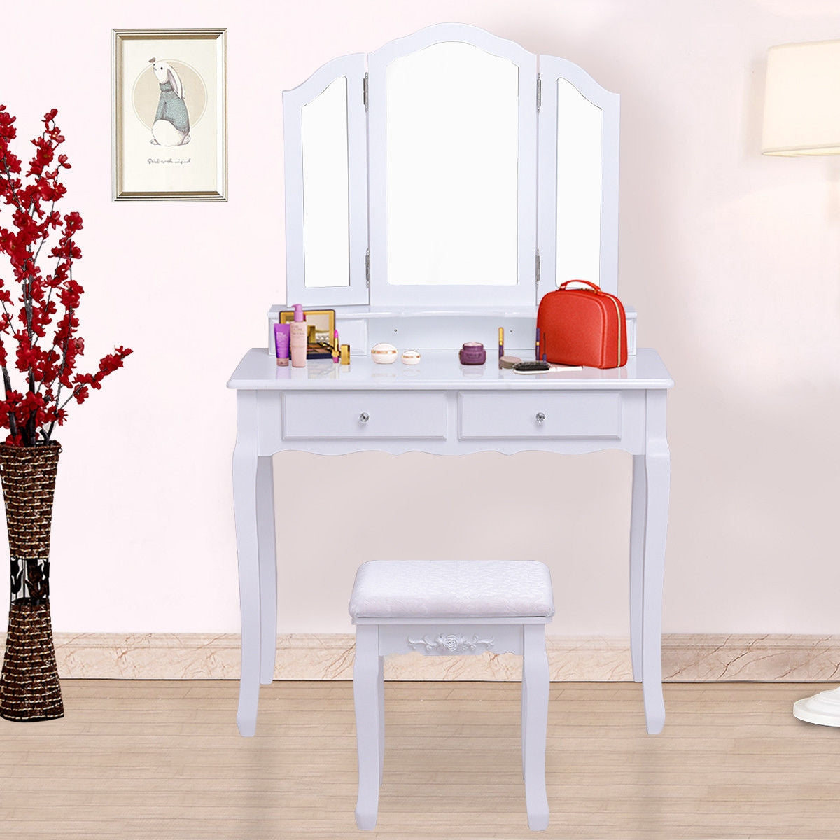 Tri Folding Mirror Vanity Table Stool Set with 4 Drawers and Cushioned Stool-WhiteÂ