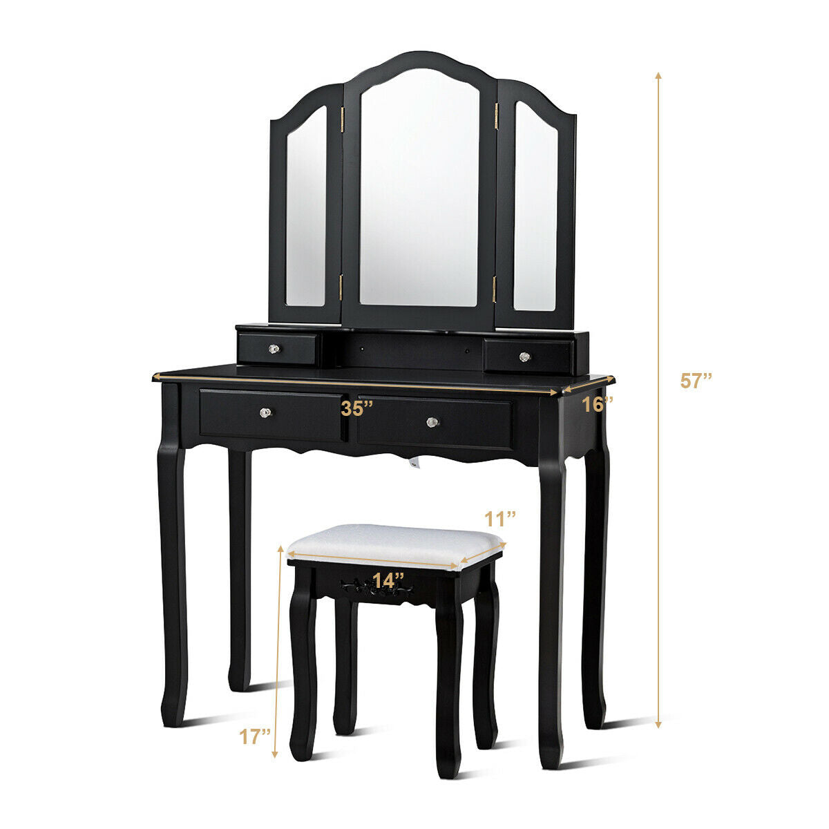 Tri Folding Mirror Vanity Table Stool Set with 4 Drawers and Cushioned Stool-BlackÂ