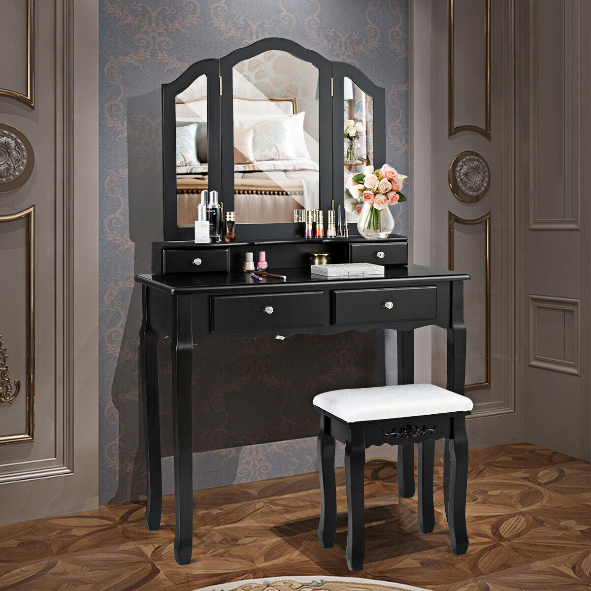 Tri Folding Mirror Vanity Table Stool Set with 4 Drawers and Cushioned Stool-BlackÂ