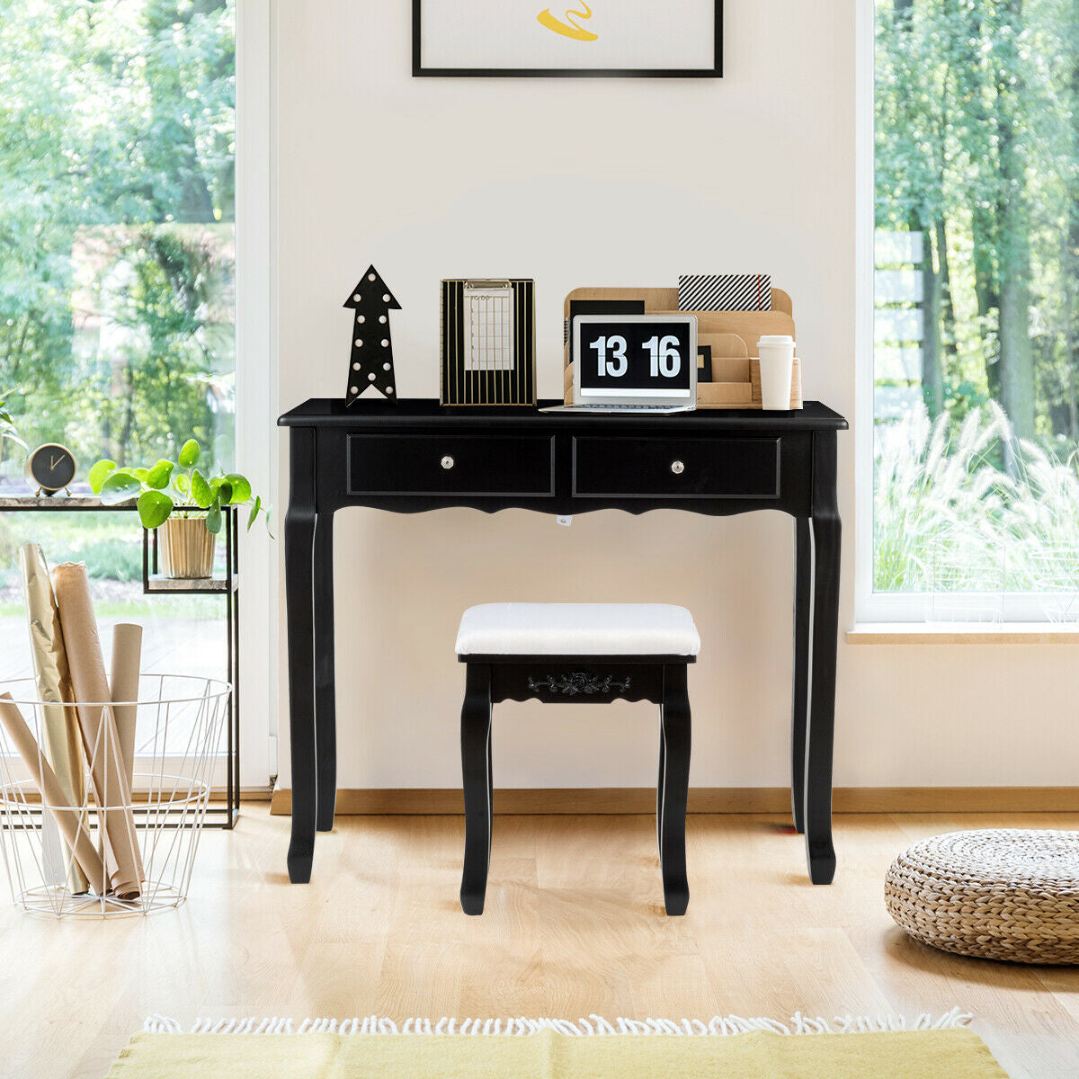 Tri Folding Mirror Vanity Table Stool Set with 4 Drawers and Cushioned Stool-BlackÂ