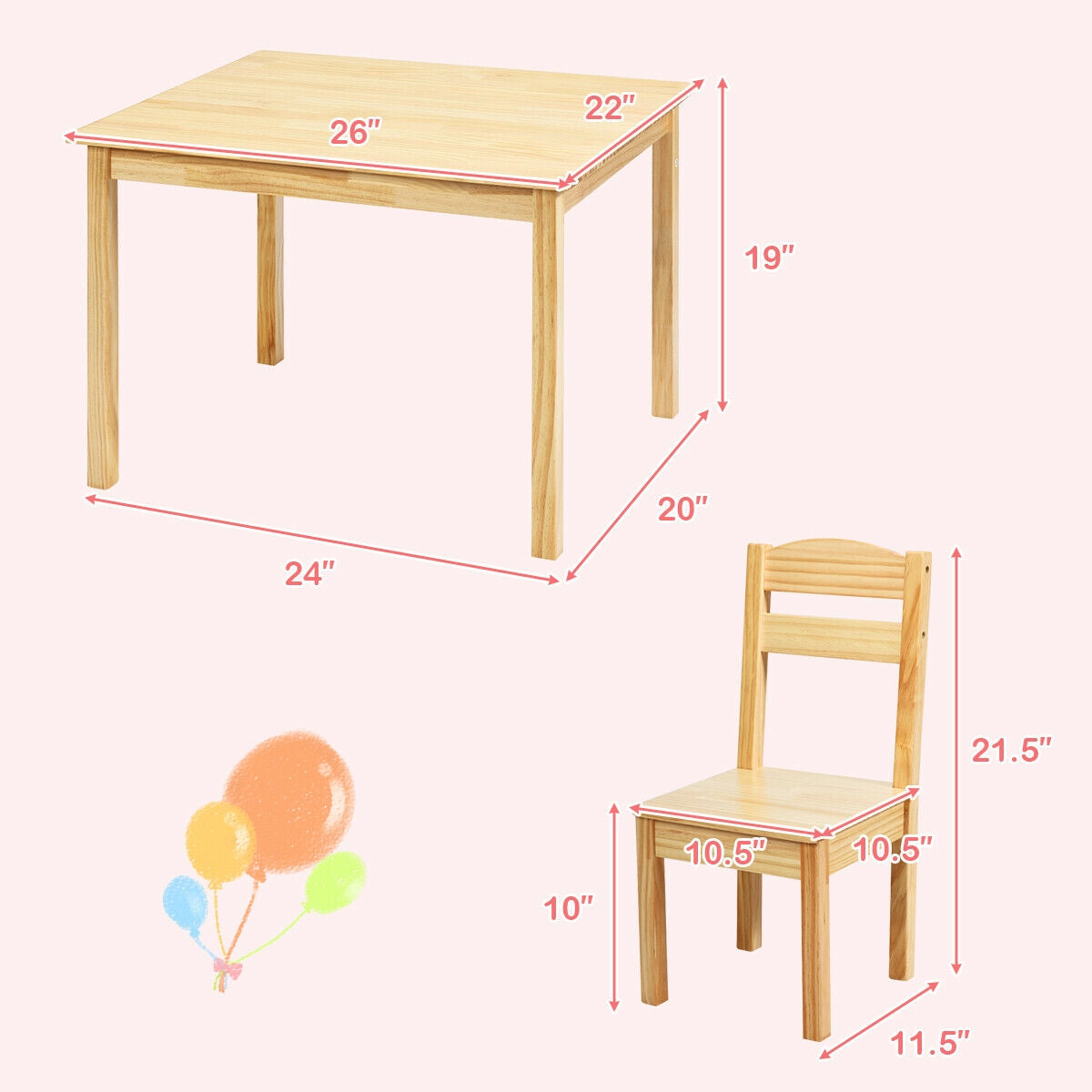 5 Pieces Kids Pine Wood Table Chair Set-NaturalÂ