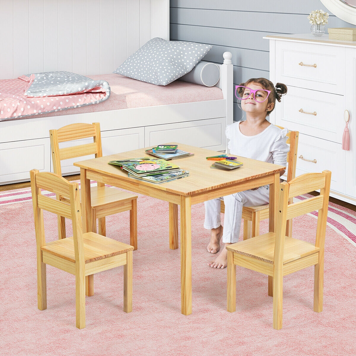 5 Pieces Kids Pine Wood Table Chair Set-NaturalÂ