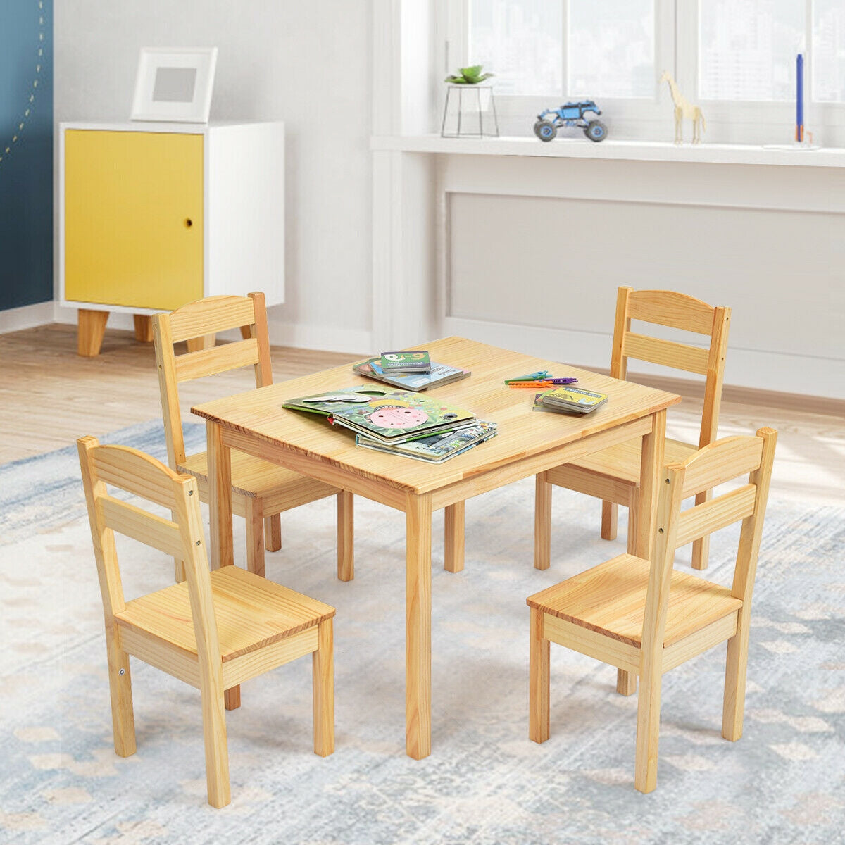 5 Pieces Kids Pine Wood Table Chair Set-NaturalÂ