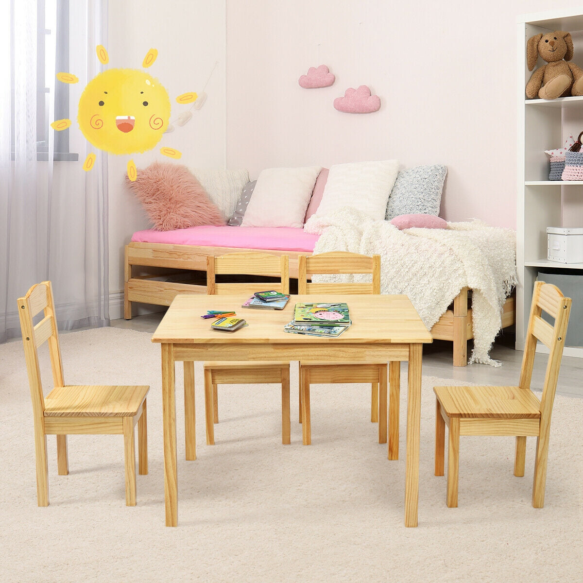 5 Pieces Kids Pine Wood Table Chair Set-NaturalÂ