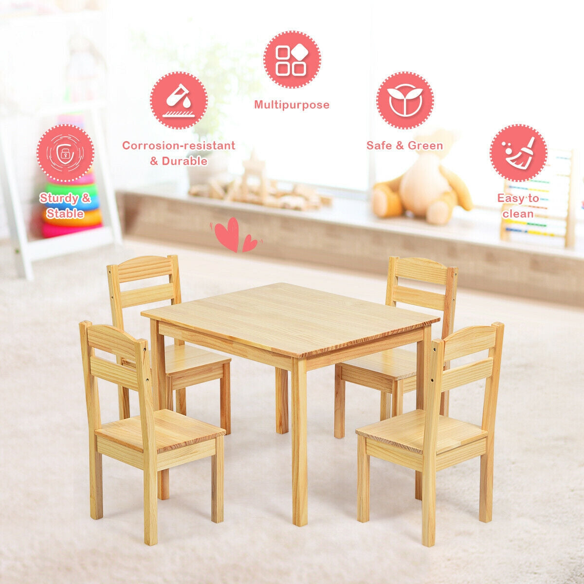 5 Pieces Kids Pine Wood Table Chair Set-NaturalÂ