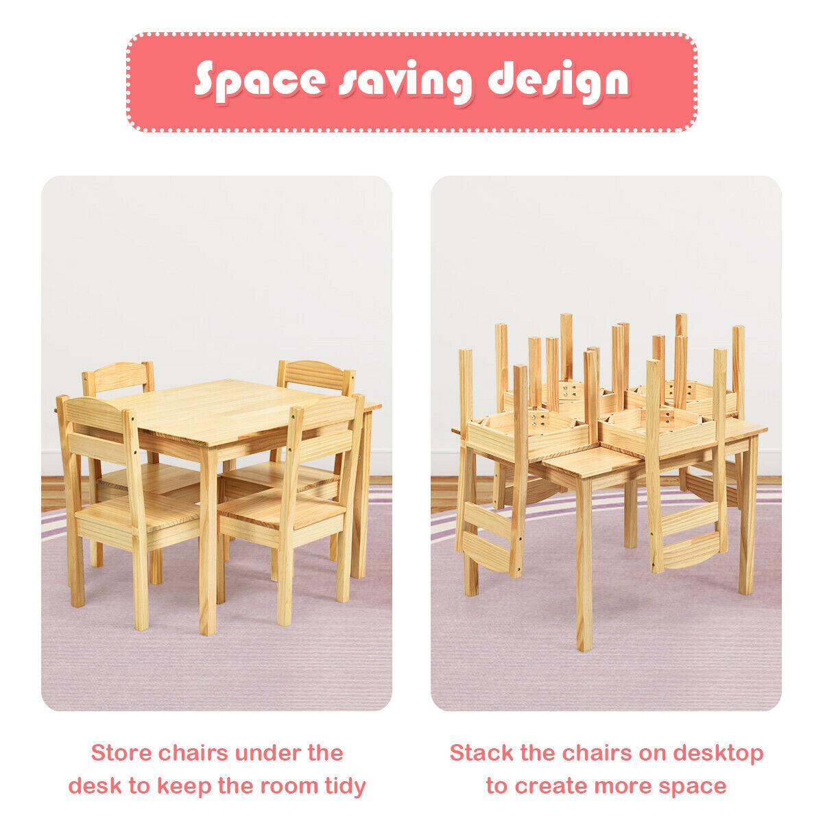 5 Pieces Kids Pine Wood Table Chair Set-NaturalÂ