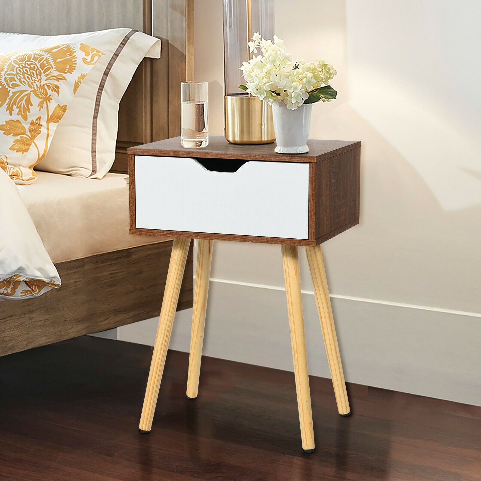 End Side Storage Drawer Nightstand with Solid Wooden LegÂ