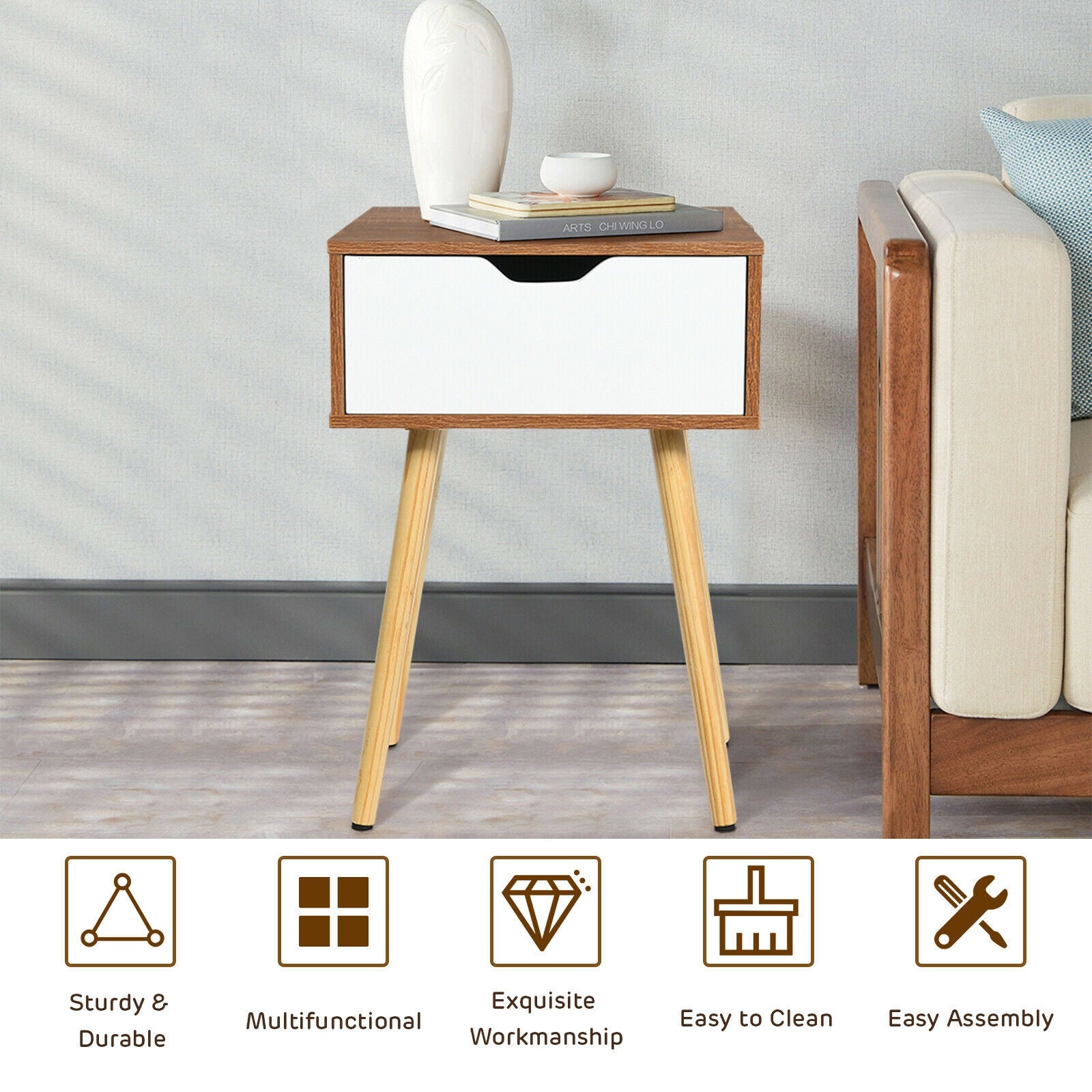 End Side Storage Drawer Nightstand with Solid Wooden LegÂ