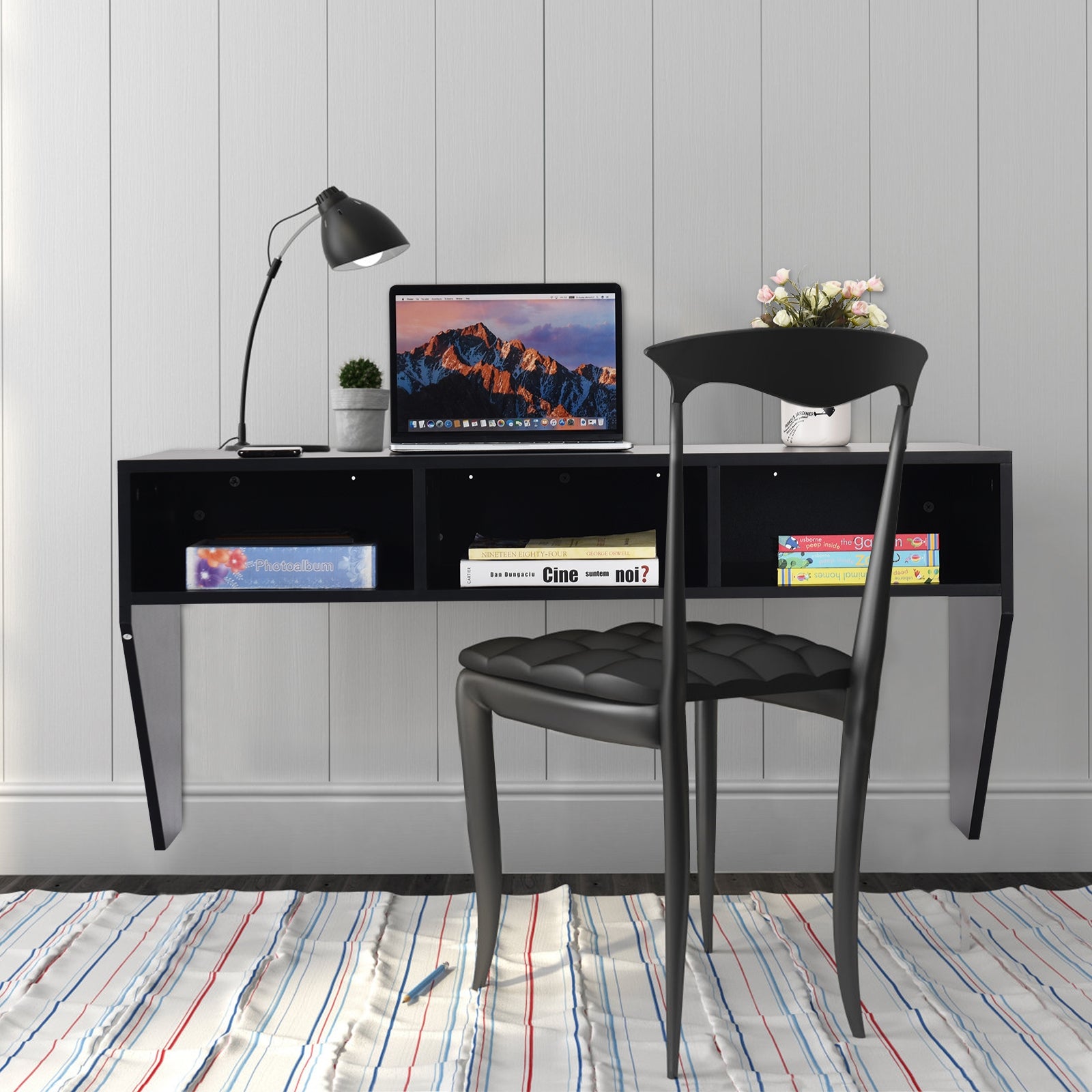 Wall Mounted Floating Sturdy Computer Table with Storage Shelf-BlackÂ