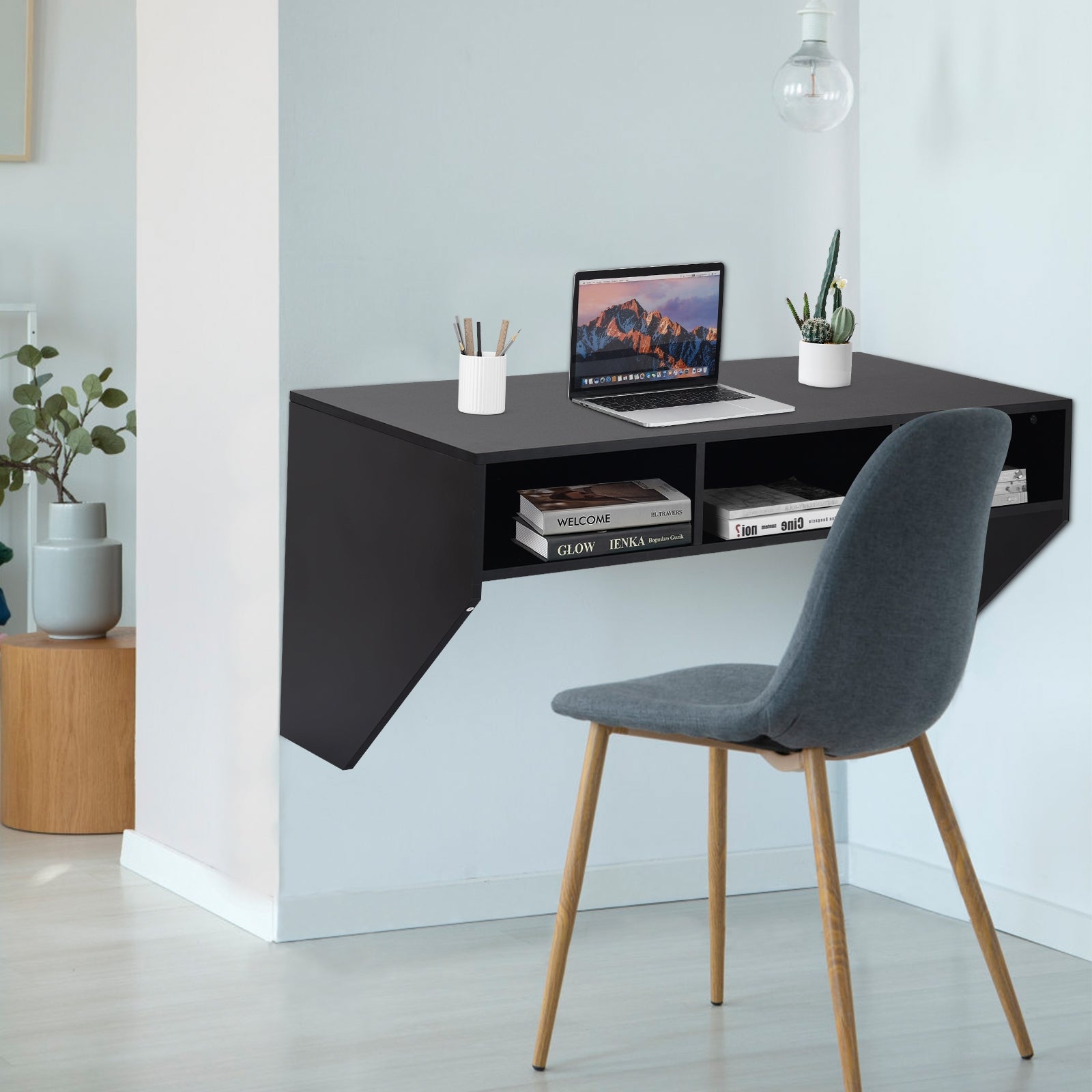 Wall Mounted Floating Sturdy Computer Table with Storage Shelf-BlackÂ
