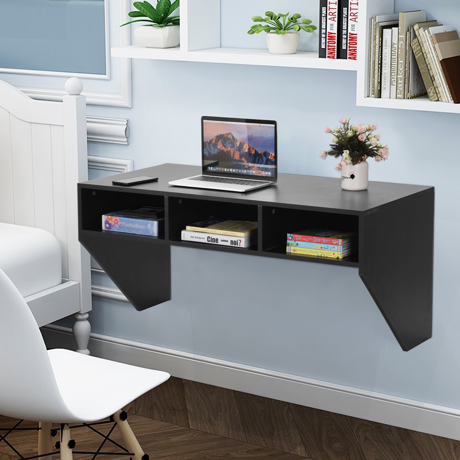 Wall Mounted Floating Sturdy Computer Table with Storage Shelf-BlackÂ