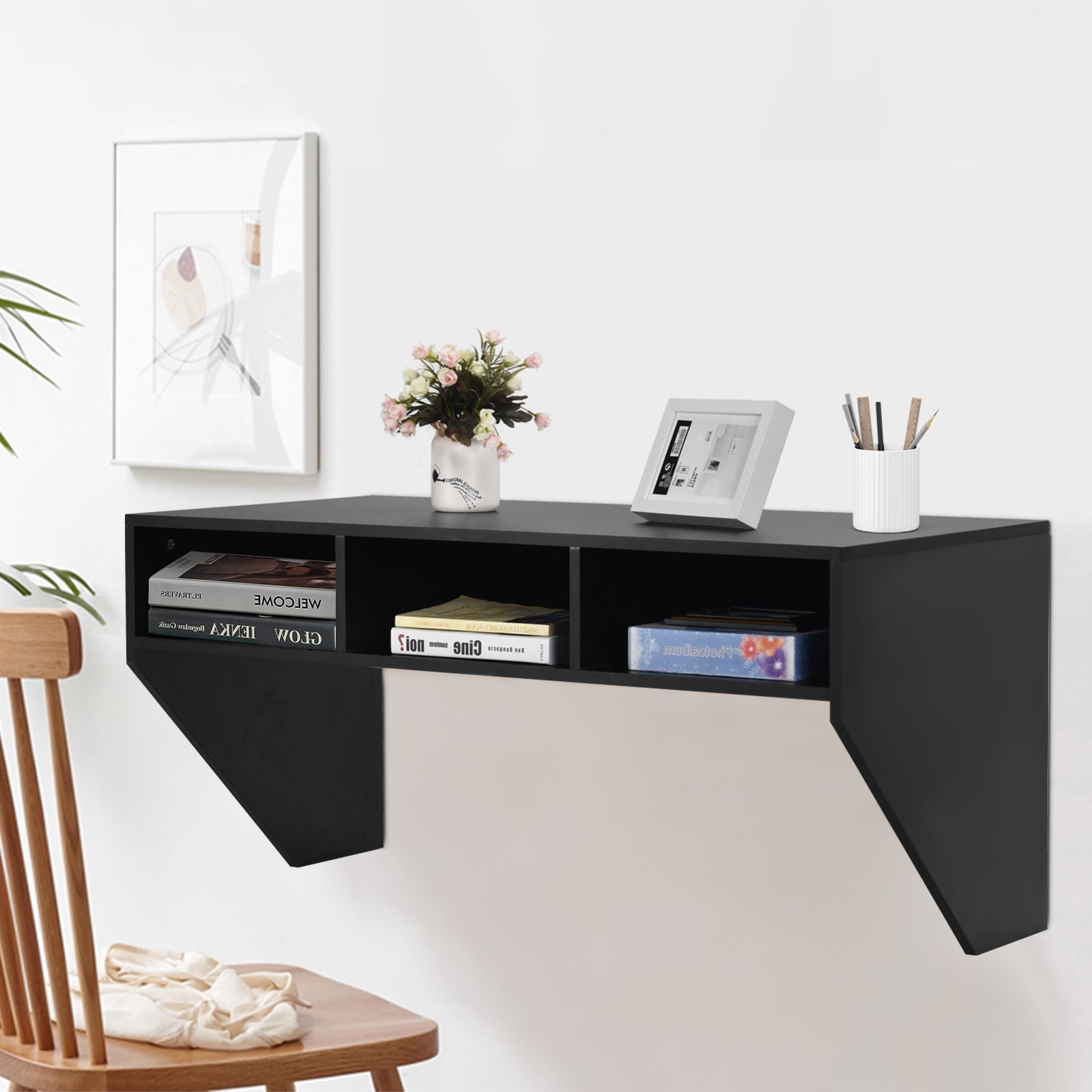 Wall Mounted Floating Sturdy Computer Table with Storage Shelf-BlackÂ