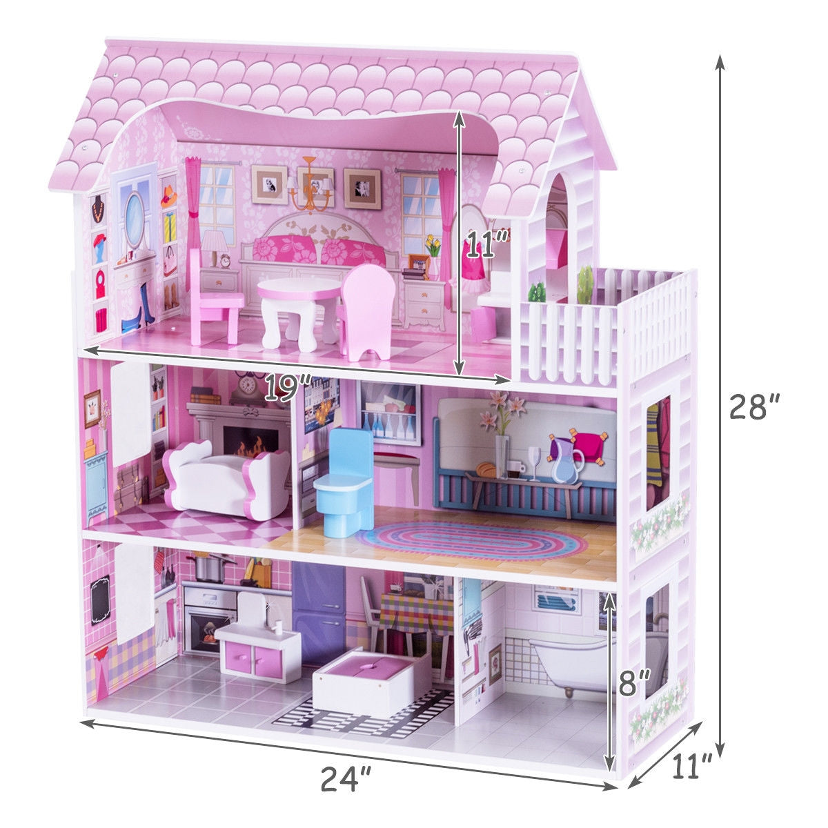 28 Inch Pink Dollhouse with FurnitureÂ