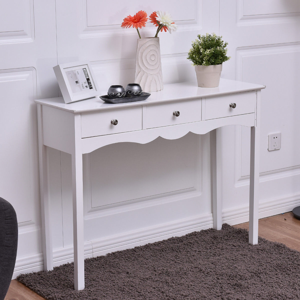 Side Sofa Table with Storage 3-Drawers-WhiteÂ