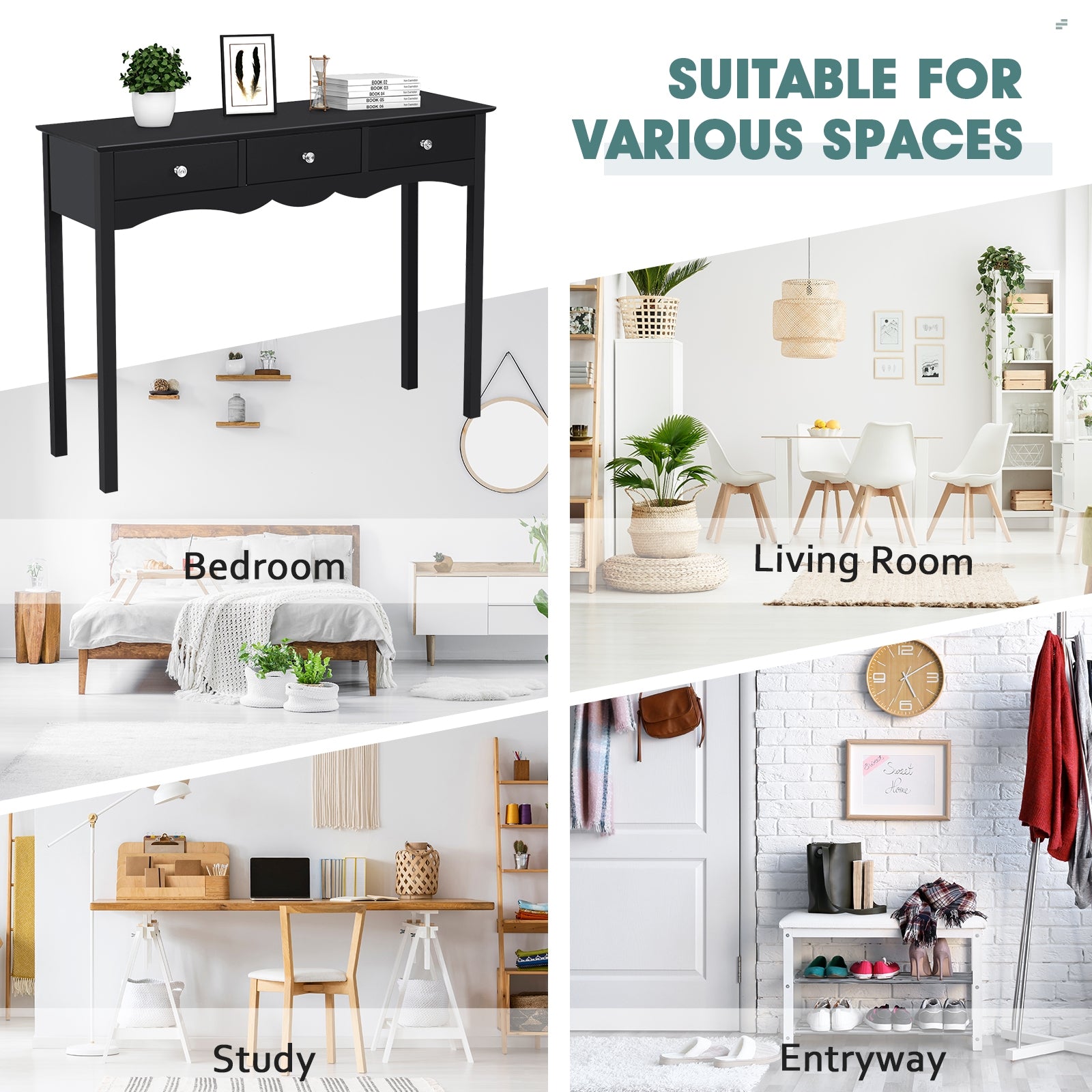 Hall table Side Table w/ 3 Drawers-BlackÂ
