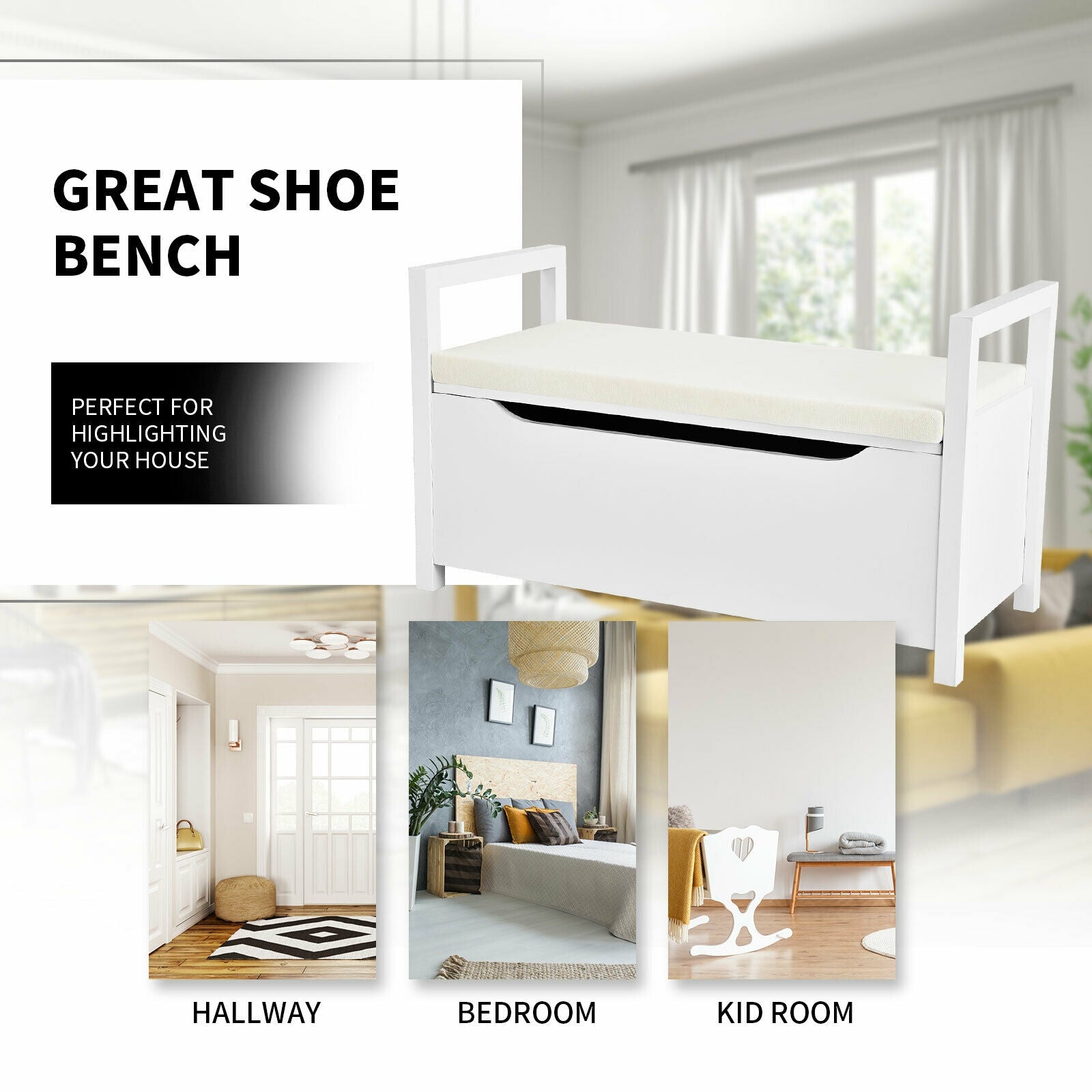 34.5 ×15.5 ×19.5 Inch Shoe Storage Bench with Cushion Seat for Entryway-WhiteÂ