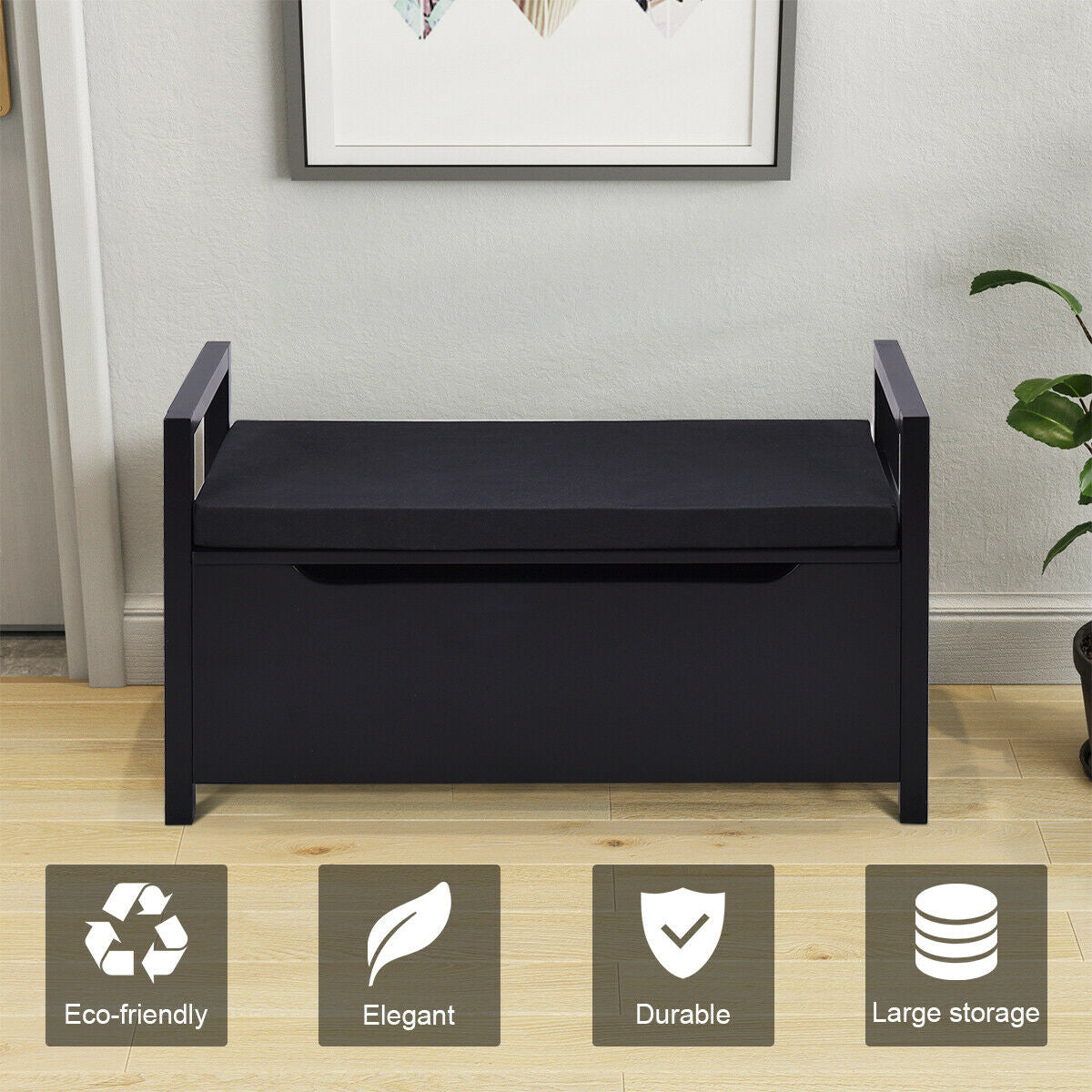34.5 ×15.5 ×19.5 Inch Shoe Storage Bench with Cushion Seat for Entryway-BlackÂ