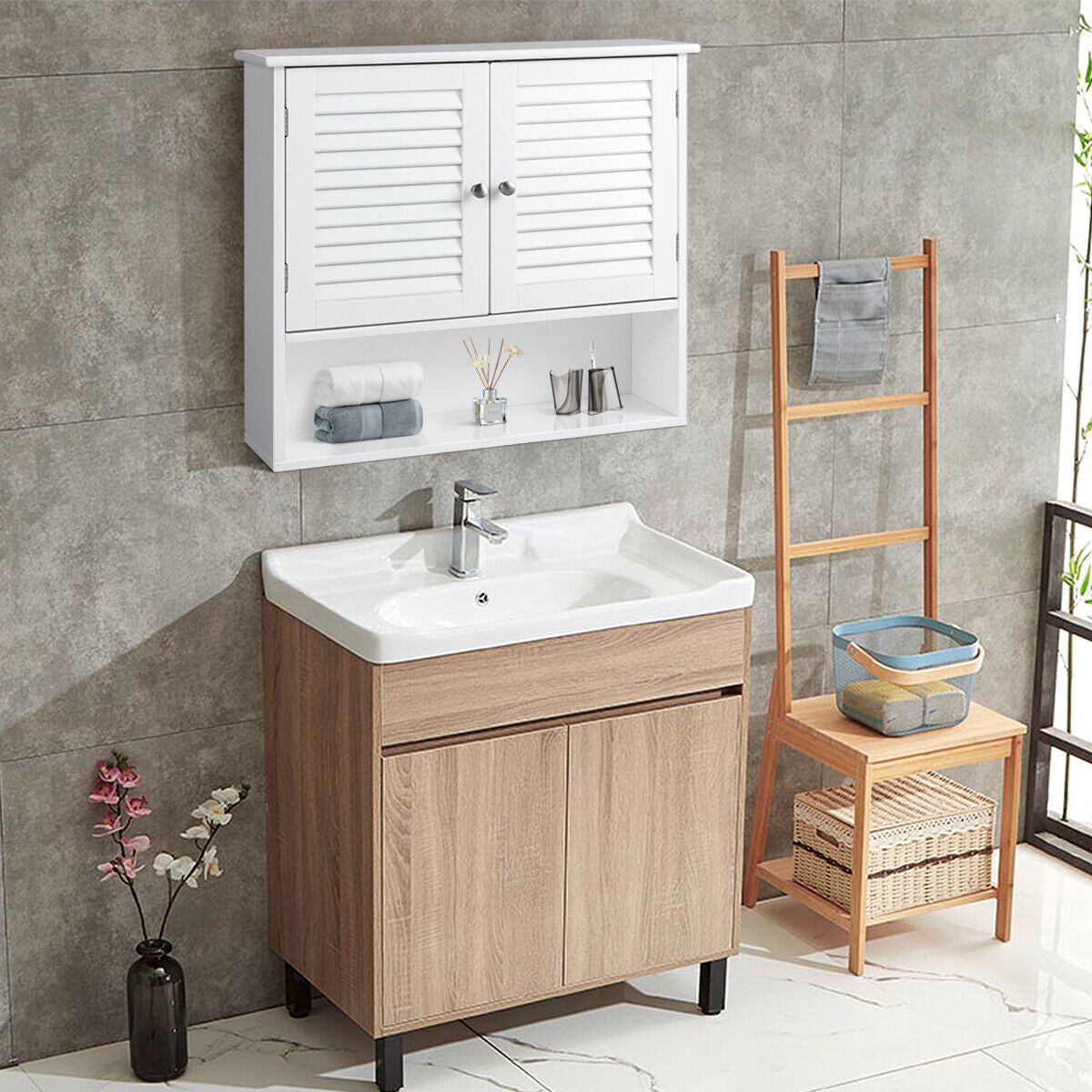Double Doors Shelves Bathroom Wall Storage CabinetÂ