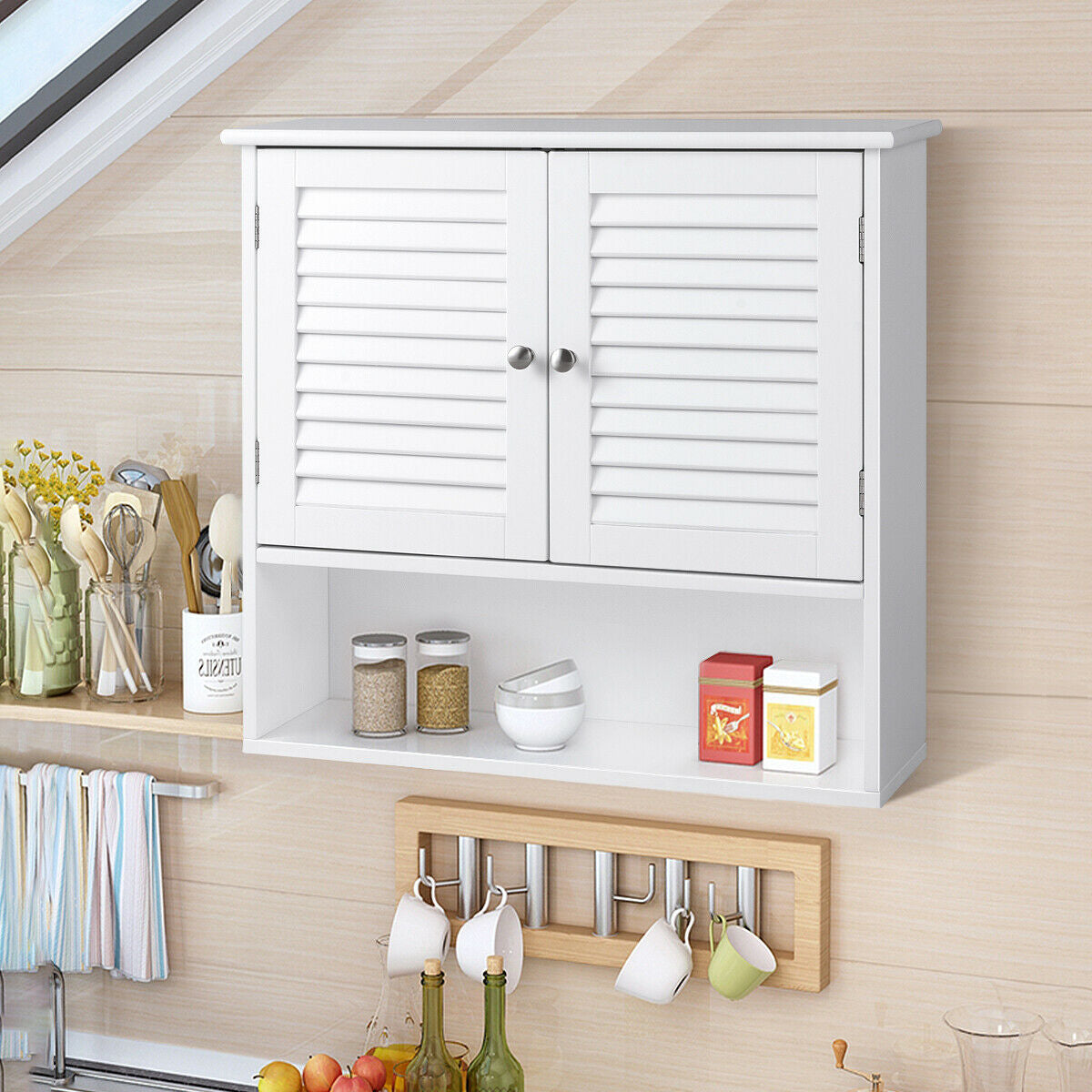 Double Doors Shelves Bathroom Wall Storage CabinetÂ