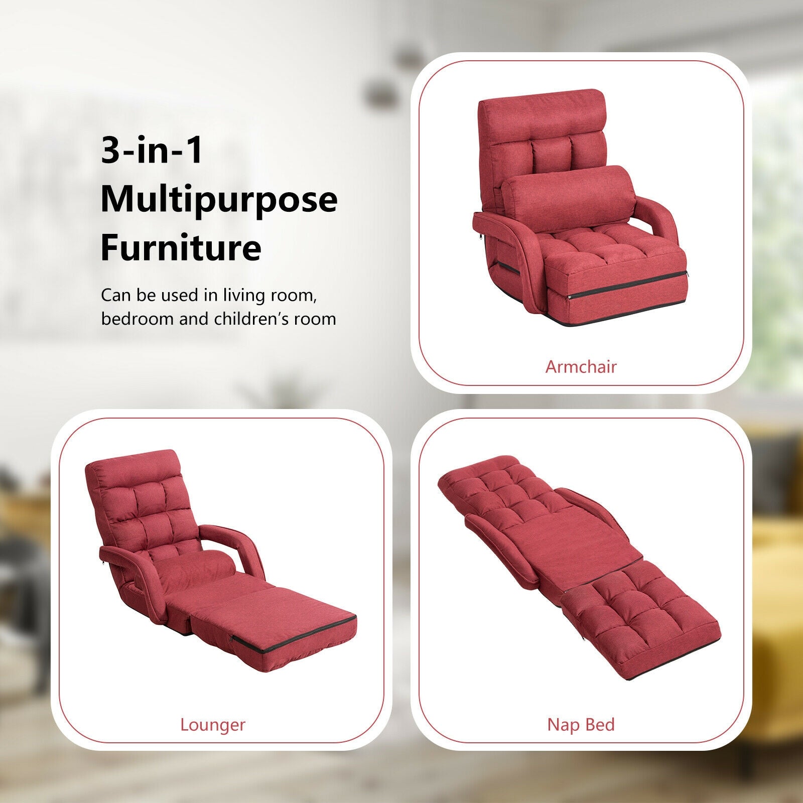 Folding Lazy Floor Chair Sofa with Armrests and Pillow-RedÂ