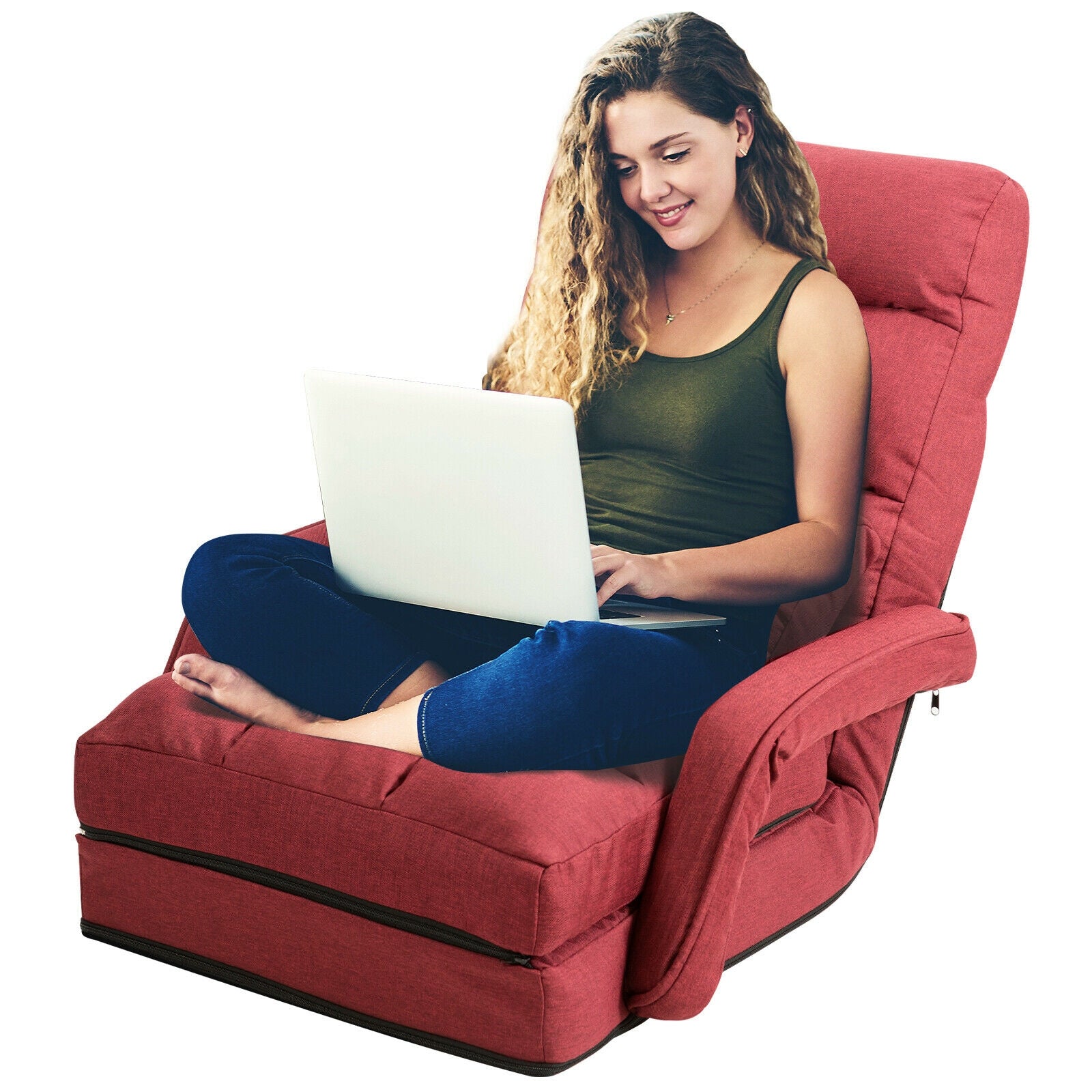 Folding Lazy Floor Chair Sofa with Armrests and Pillow-RedÂ