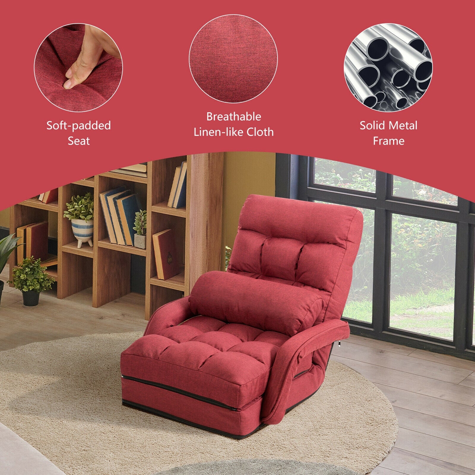 Folding Lazy Floor Chair Sofa with Armrests and Pillow-RedÂ