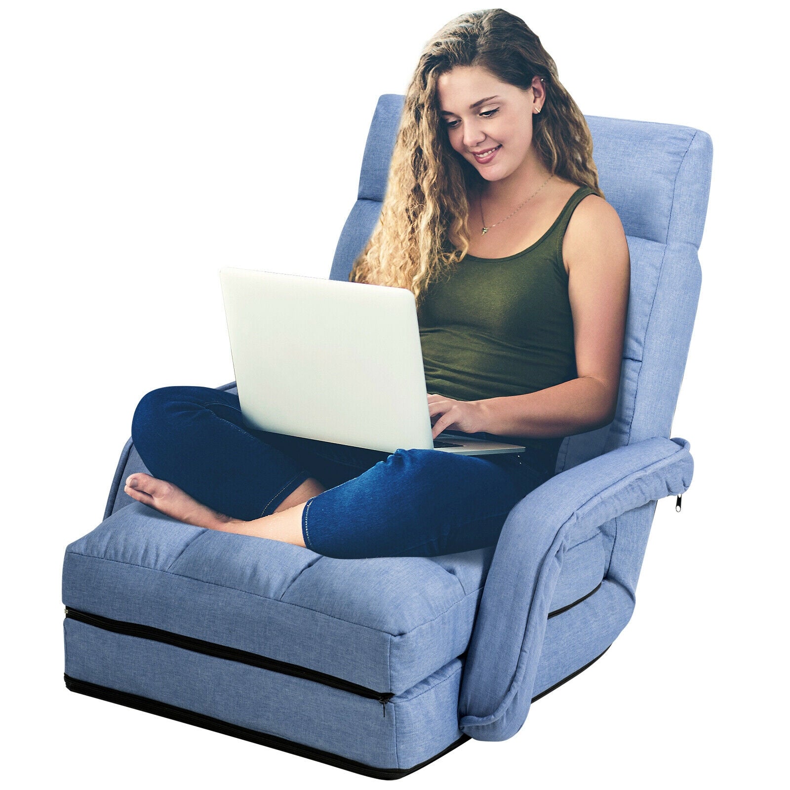 Folding Lazy Floor Chair Sofa with Armrests and Pillow-BlueÂ