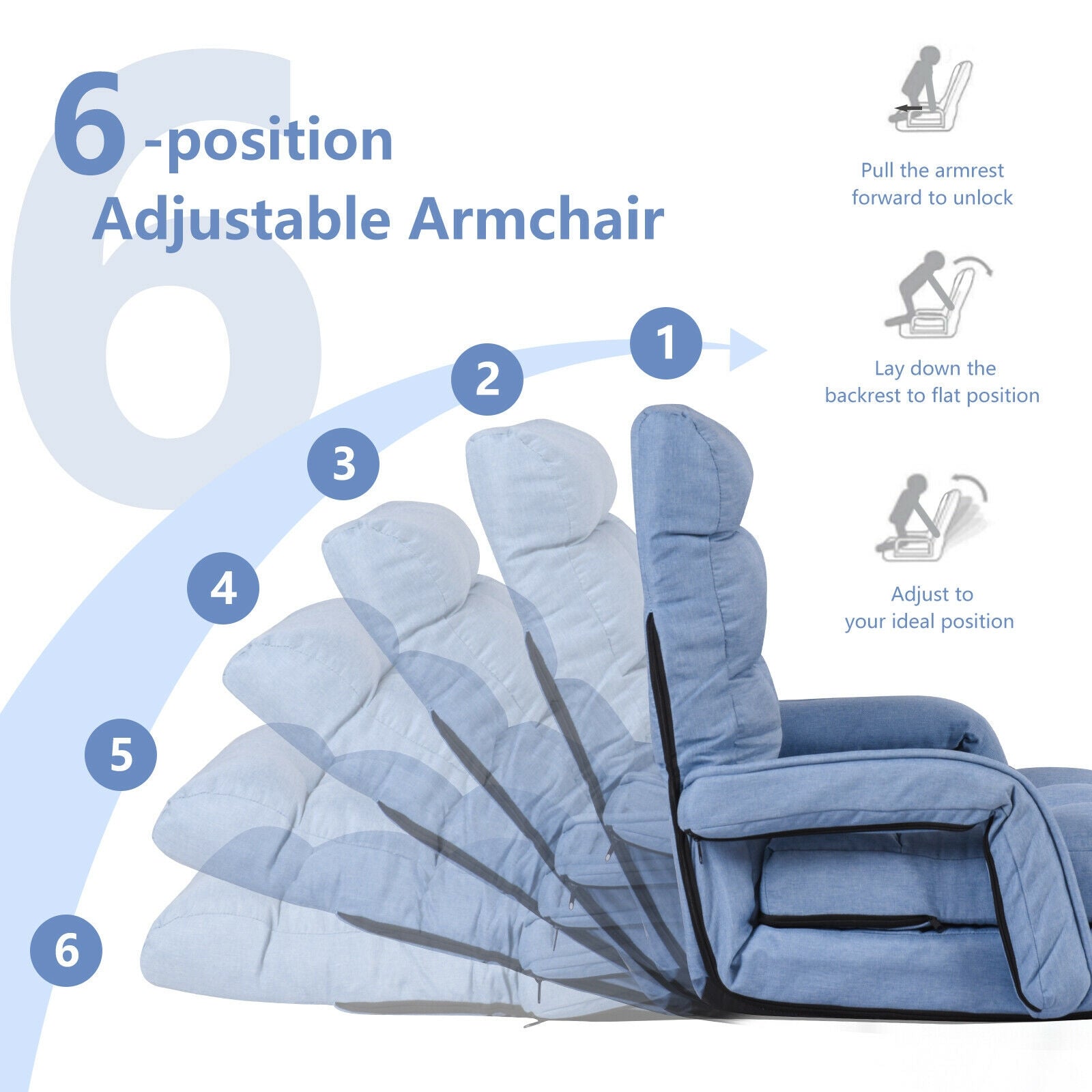 Folding Lazy Floor Chair Sofa with Armrests and Pillow-BlueÂ