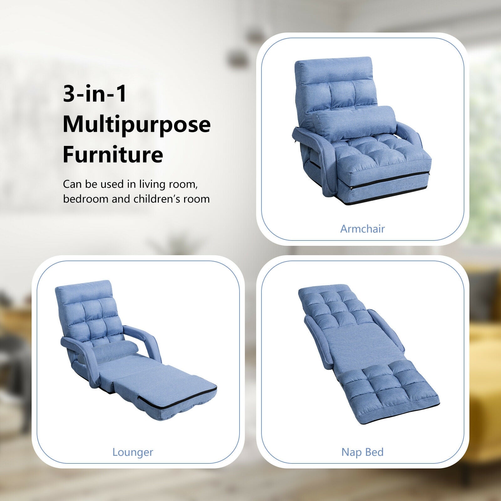 Folding Lazy Floor Chair Sofa with Armrests and Pillow-BlueÂ