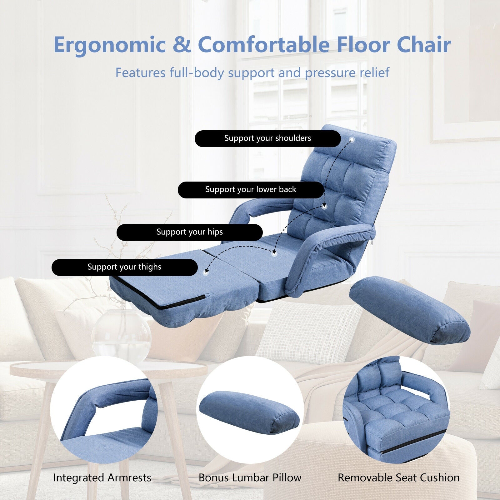 Folding Lazy Floor Chair Sofa with Armrests and Pillow-BlueÂ